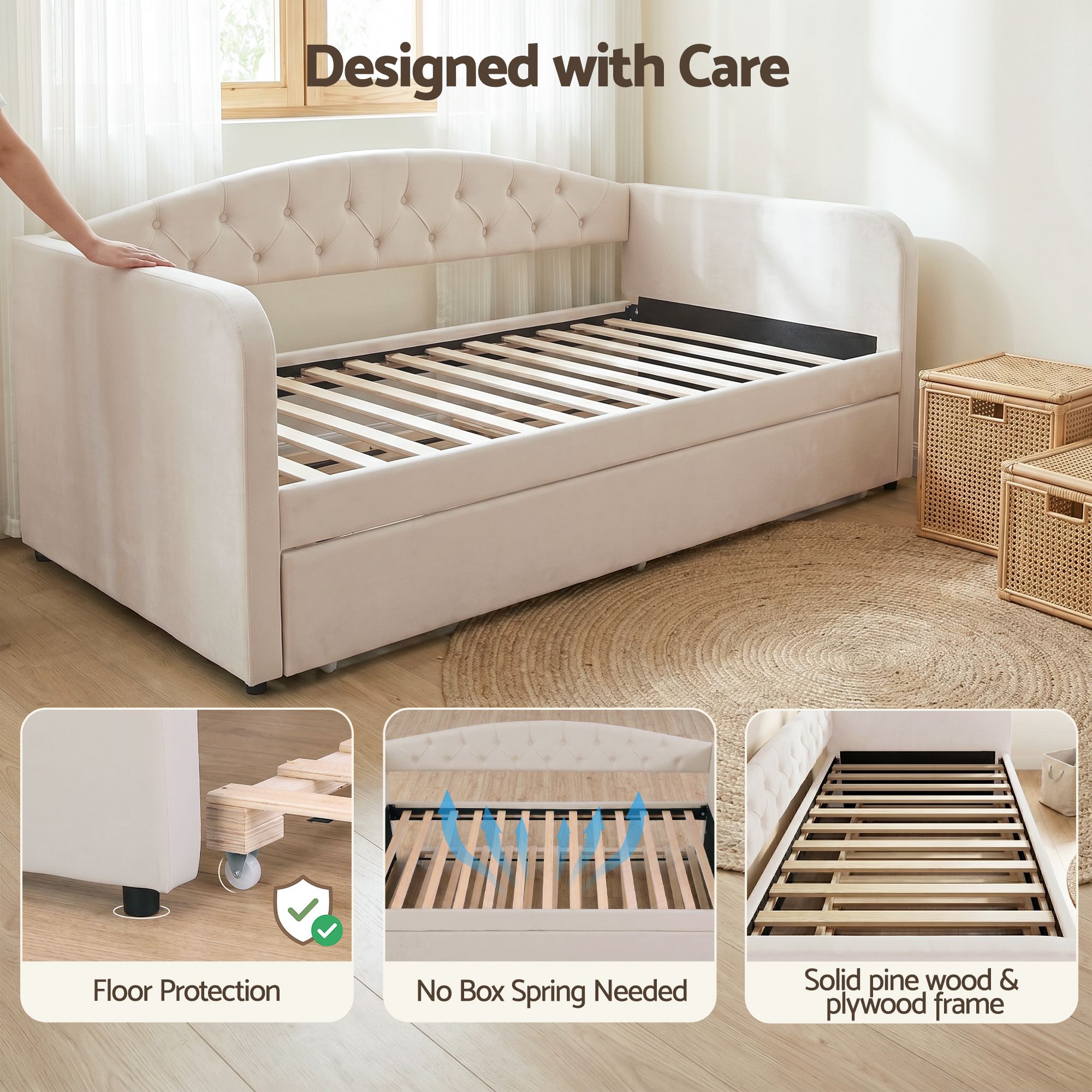 King Single Daybed Velvet Trundle Bed Frame Tufted Guest Bed