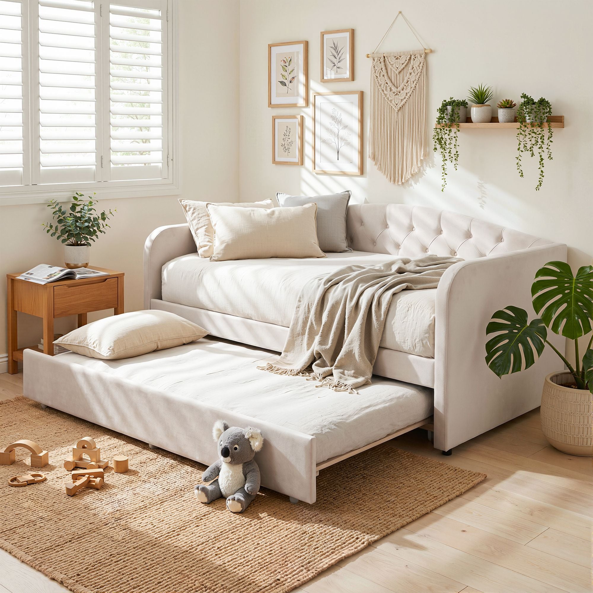 Single Daybed Velvet Trundle Bed Frame Tufted Guest Bed