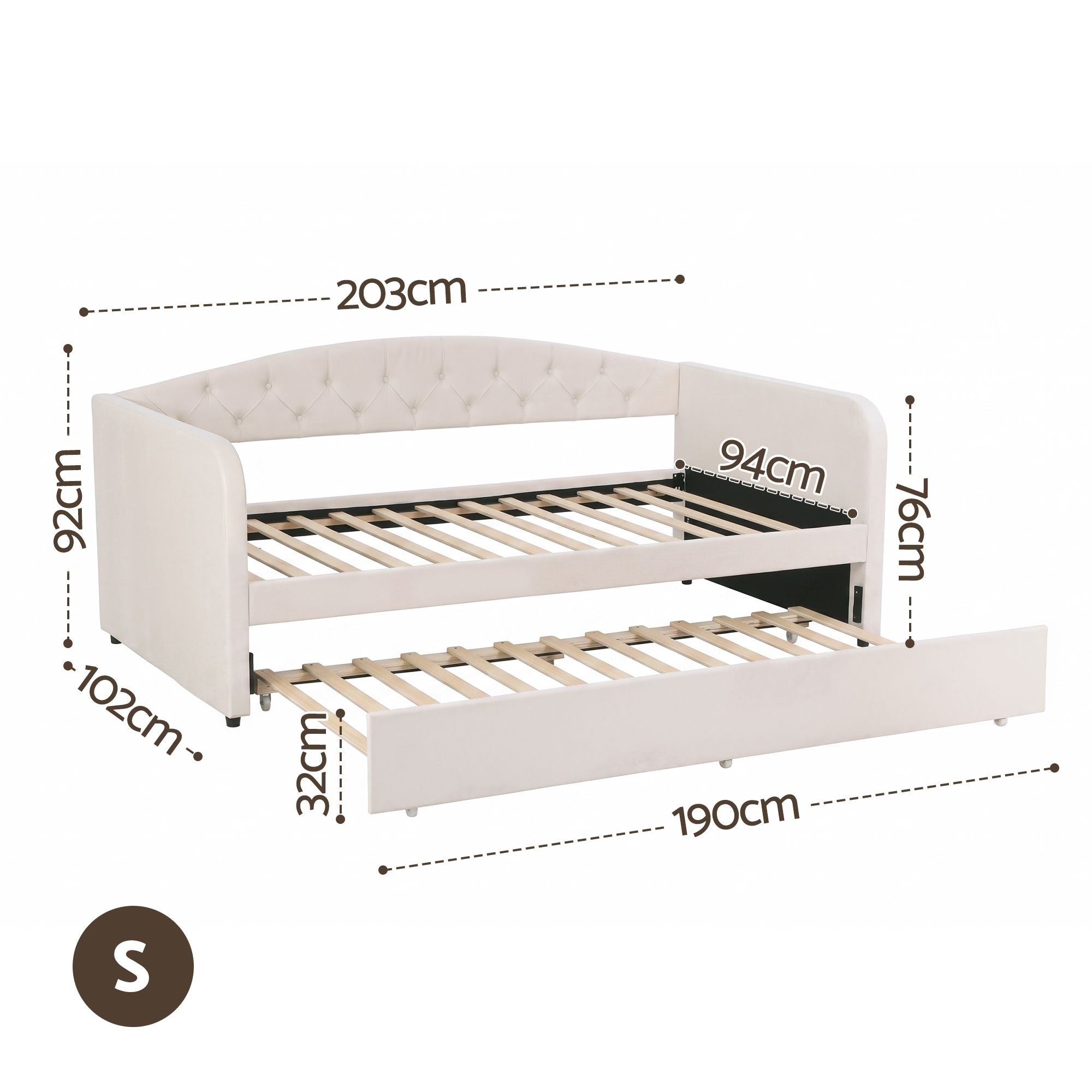 Single Daybed Velvet Trundle Bed Frame Tufted Guest Bed