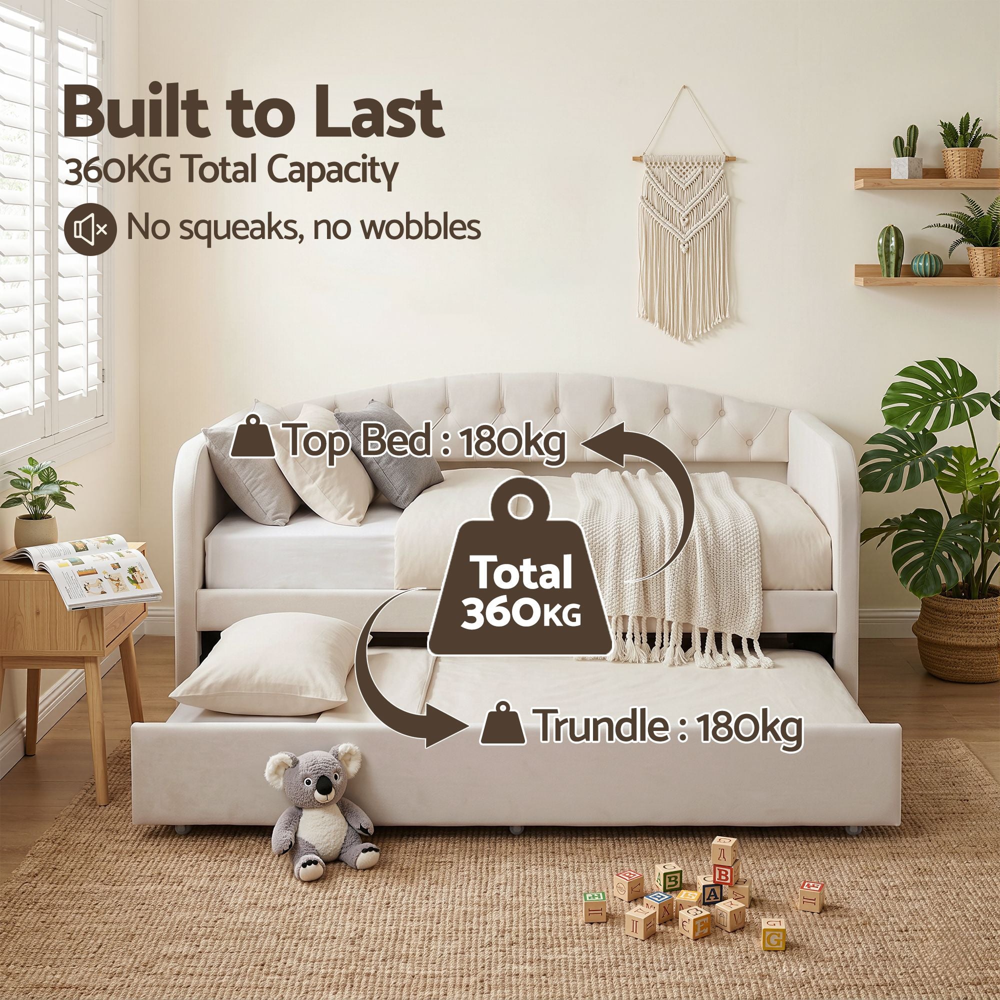 Single Daybed Velvet Trundle Bed Frame Tufted Guest Bed