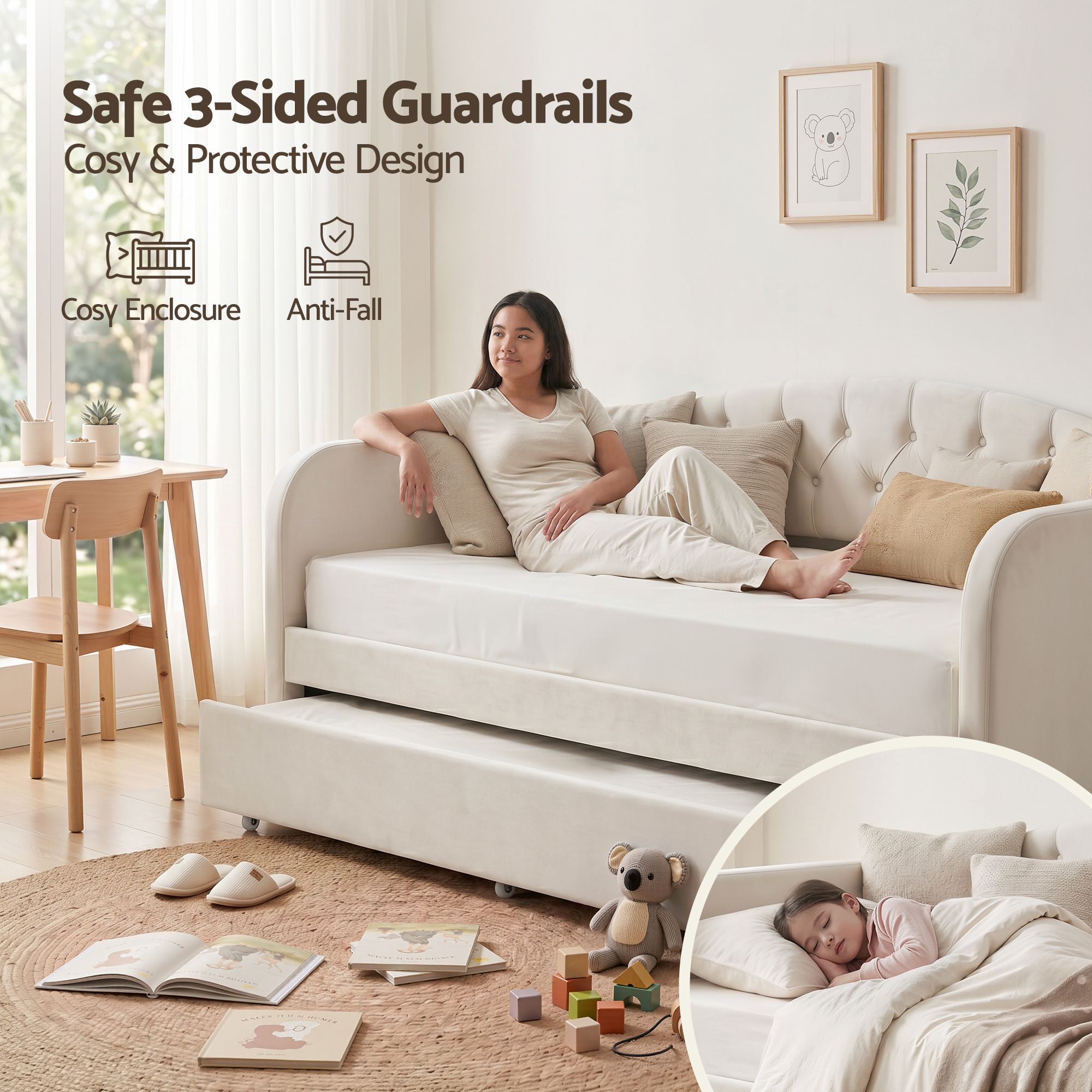 Single Daybed Velvet Trundle Bed Frame Tufted Guest Bed