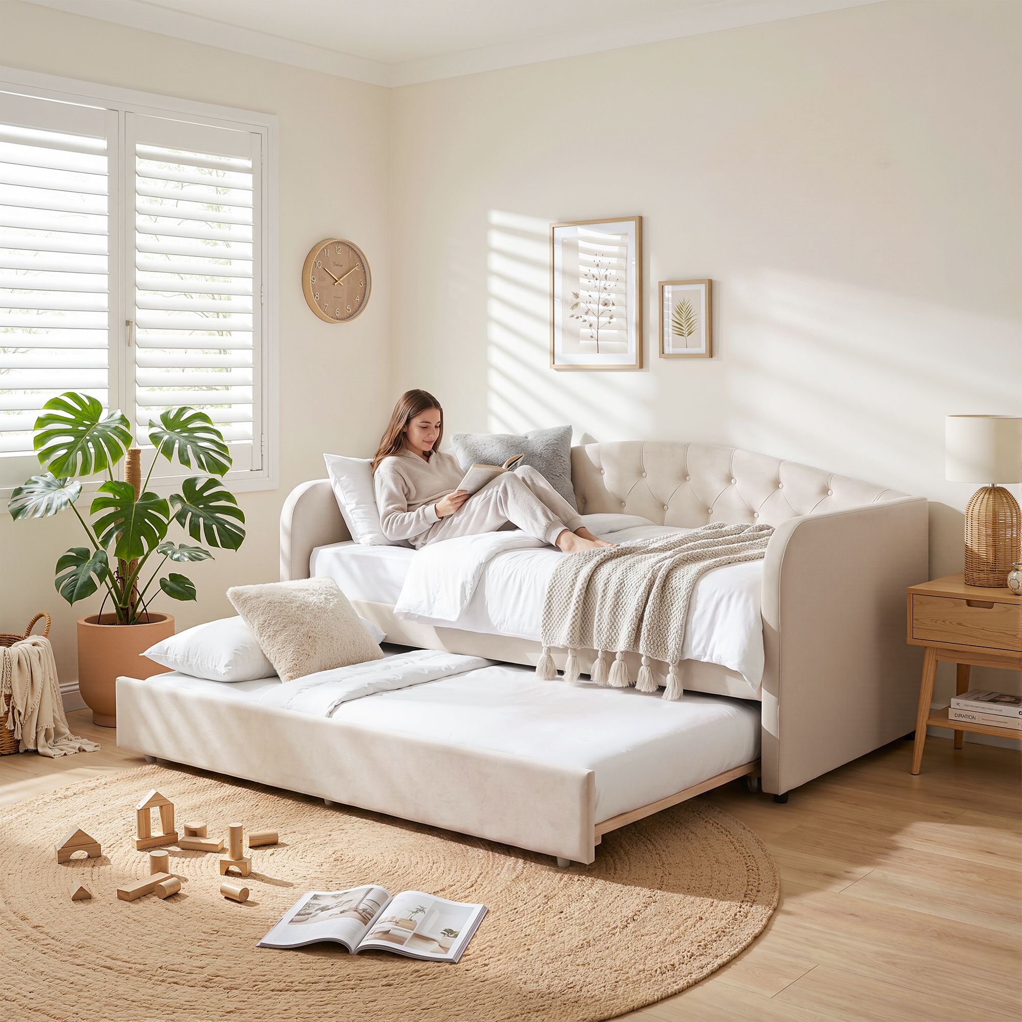 Single Daybed Velvet Trundle Bed Frame Tufted Guest Bed