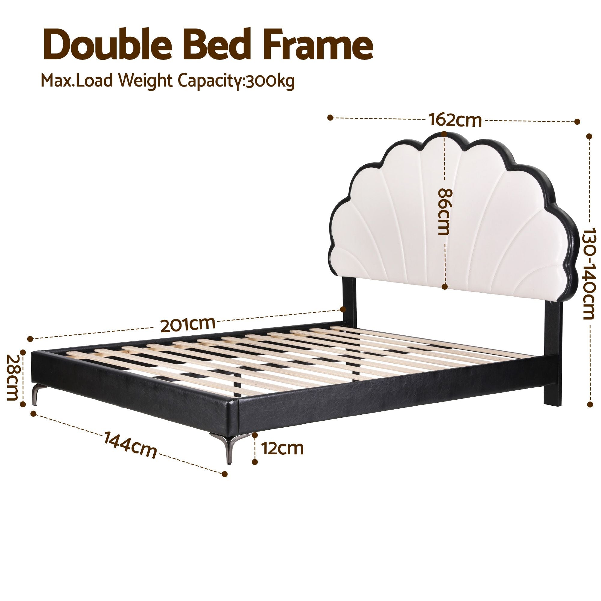 Double Bed Frame with Adjustable Shell Headboard and PVC Upholstery