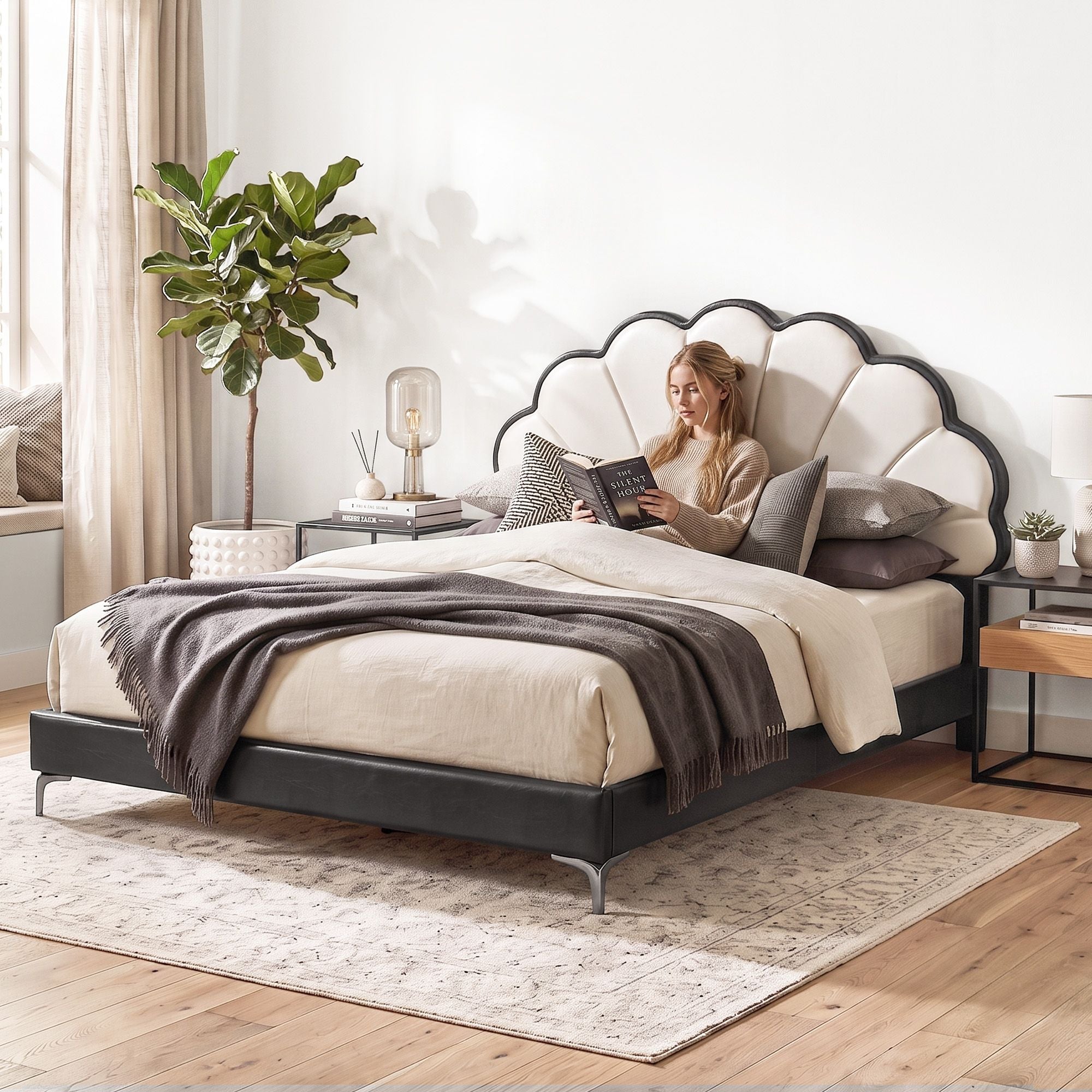 Double Bed Frame with Adjustable Shell Headboard and PVC Upholstery