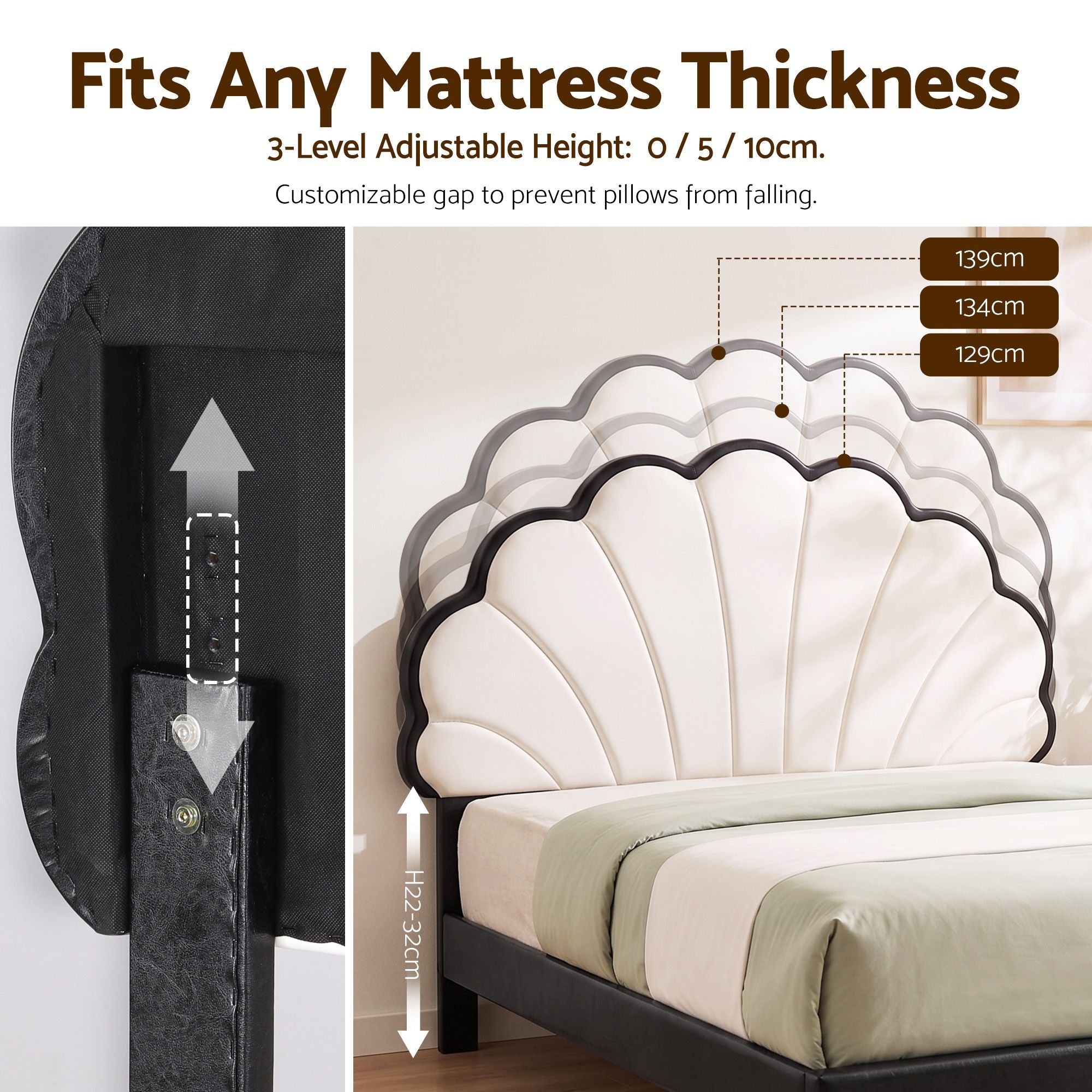 Queen Bed Frame with Adjustable Shell Headboard and PVC Upholstery