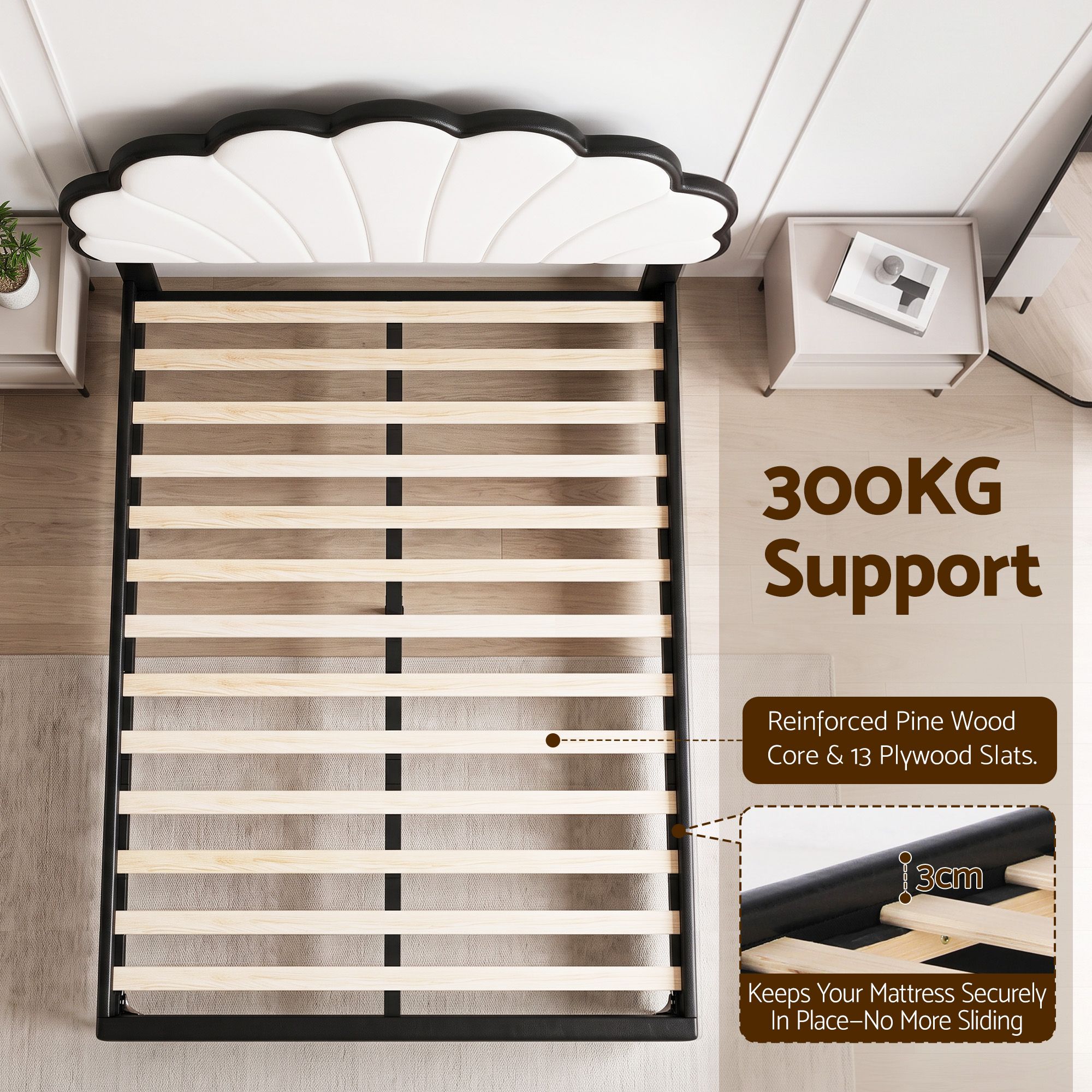 Queen Bed Frame with Adjustable Shell Headboard and PVC Upholstery