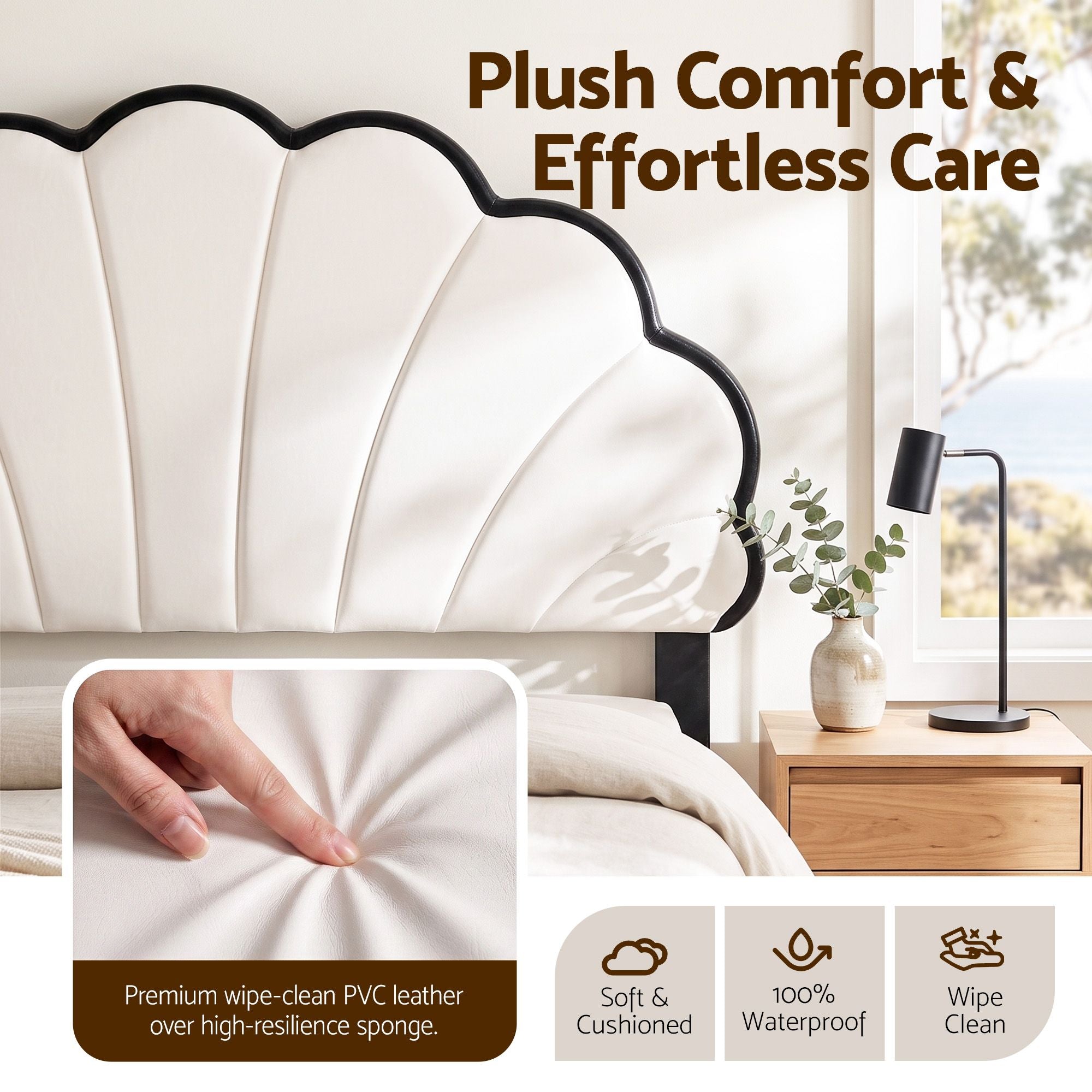 Queen Bed Frame with Adjustable Shell Headboard and PVC Upholstery