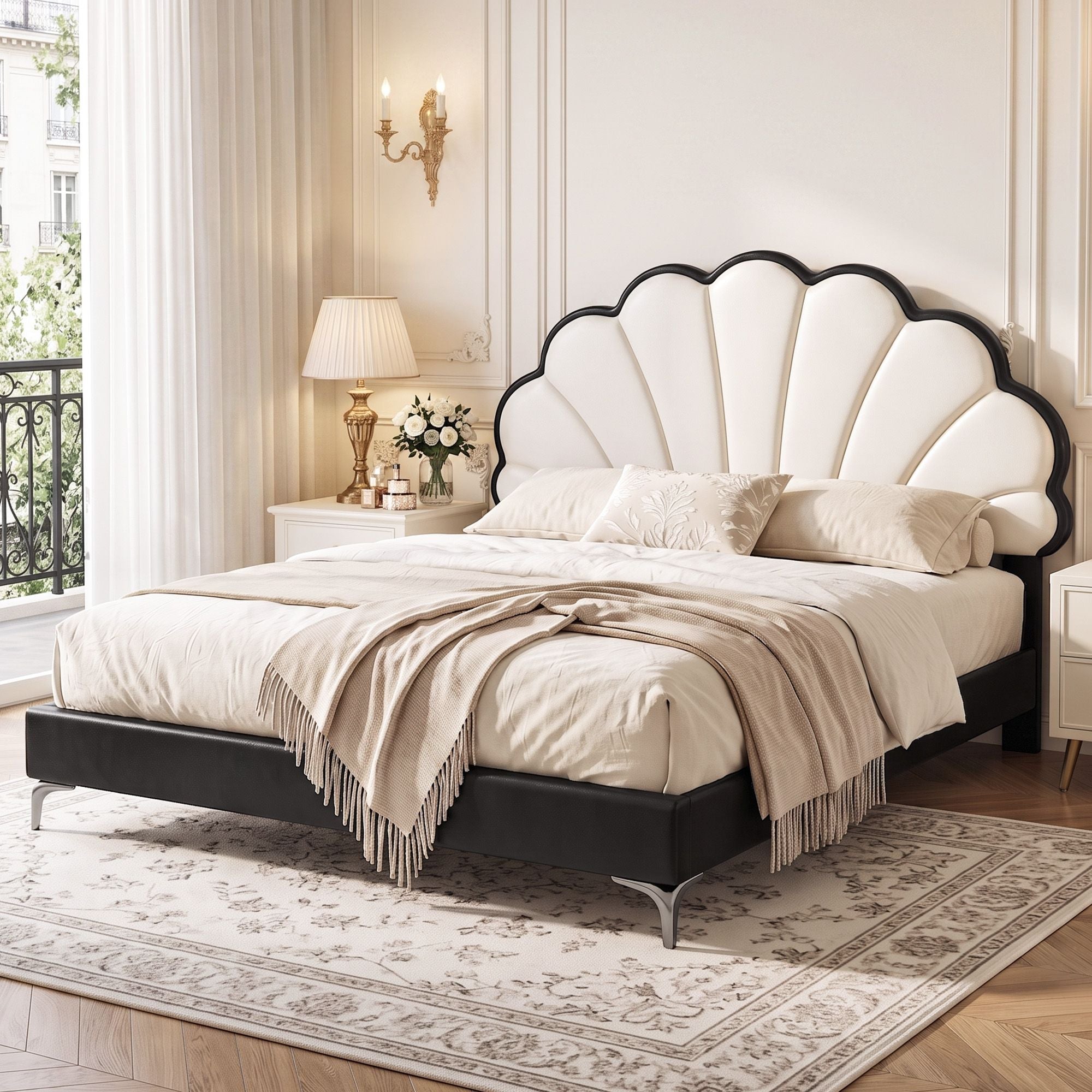 Queen Bed Frame with Adjustable Shell Headboard and PVC Upholstery