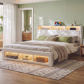 King Bed Frame with Storage, LED Mood Lighting & Charging Station - White