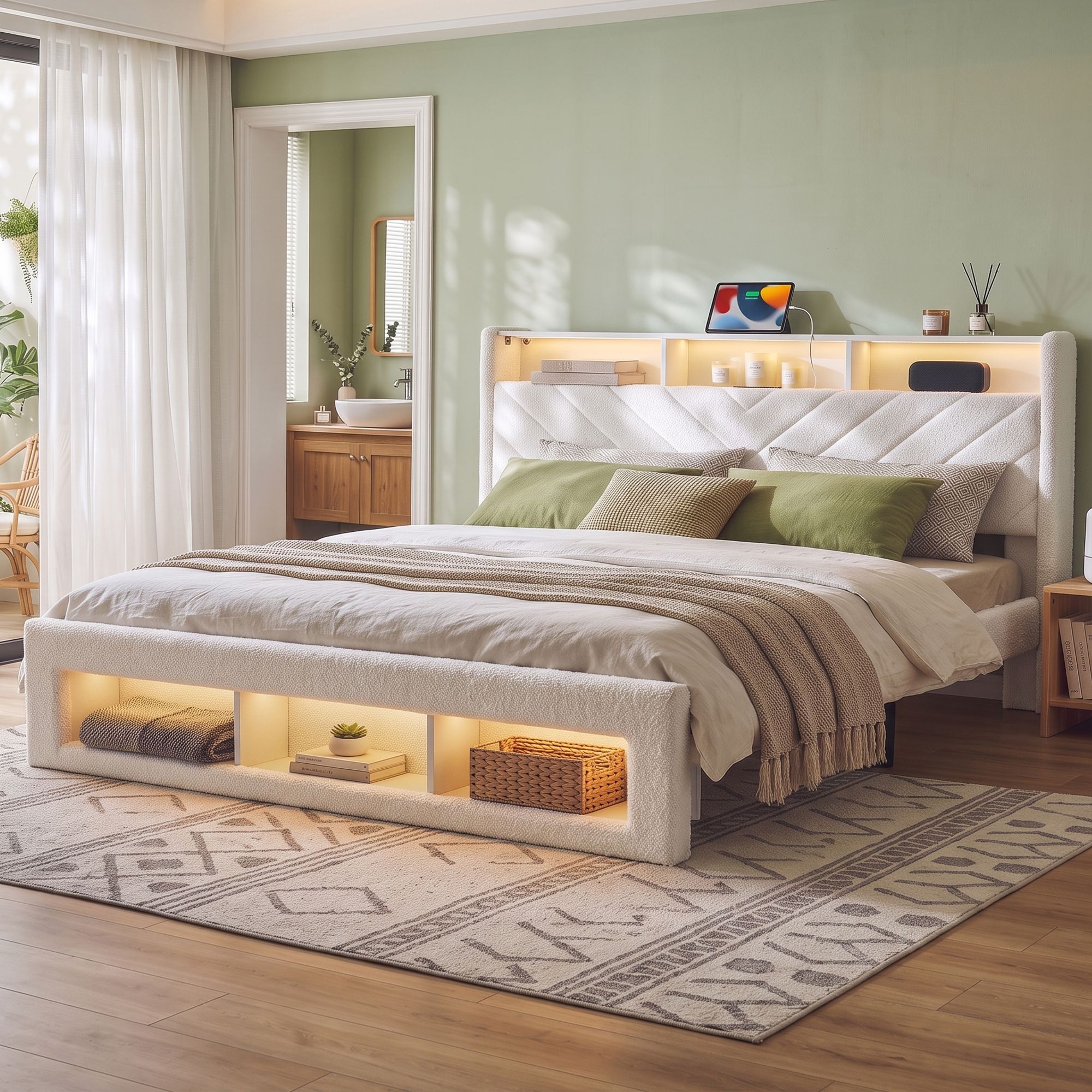 King Bed Frame with Storage, LED Mood Lighting & Charging Station - White