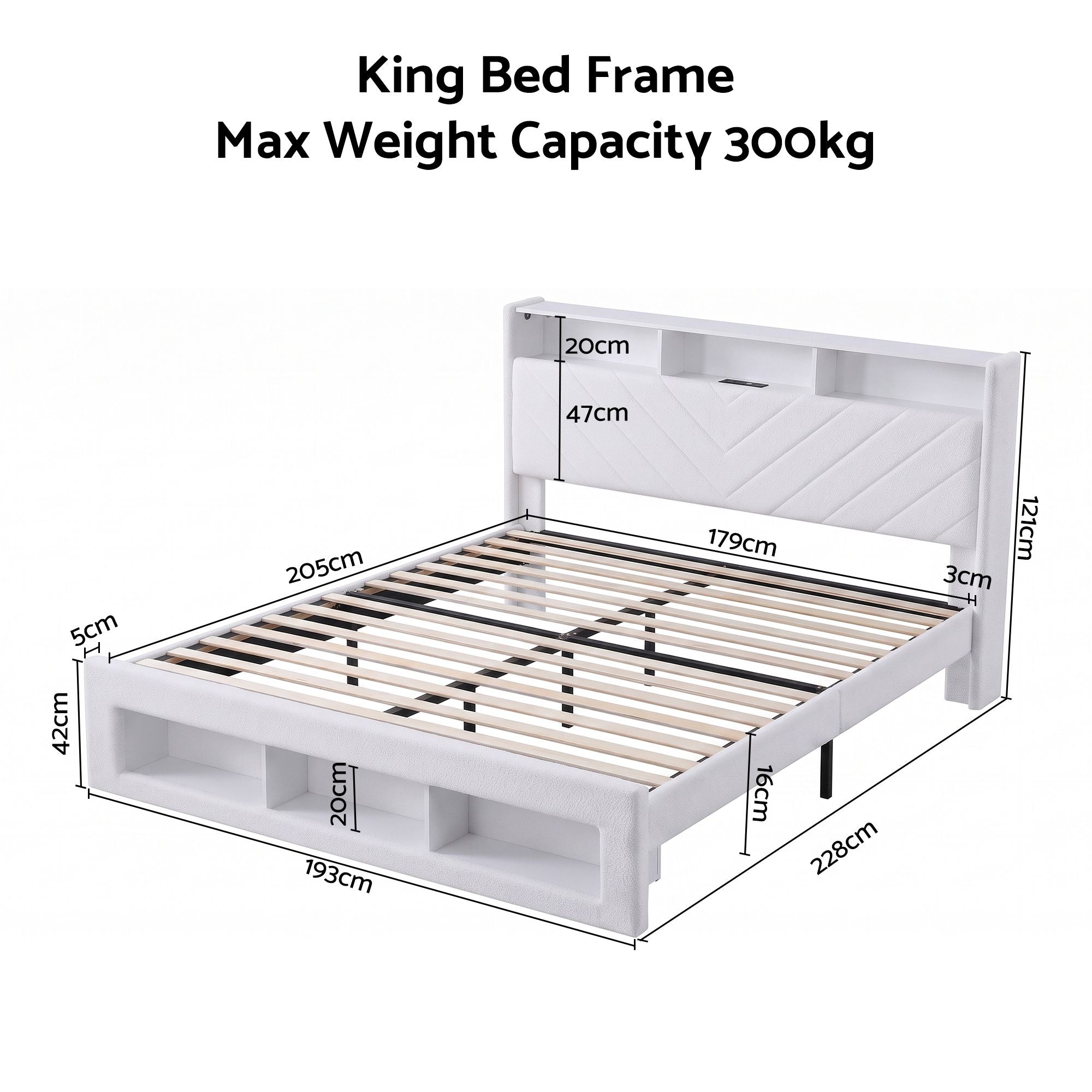 King Bed Frame with Storage, LED Mood Lighting & Charging Station - White