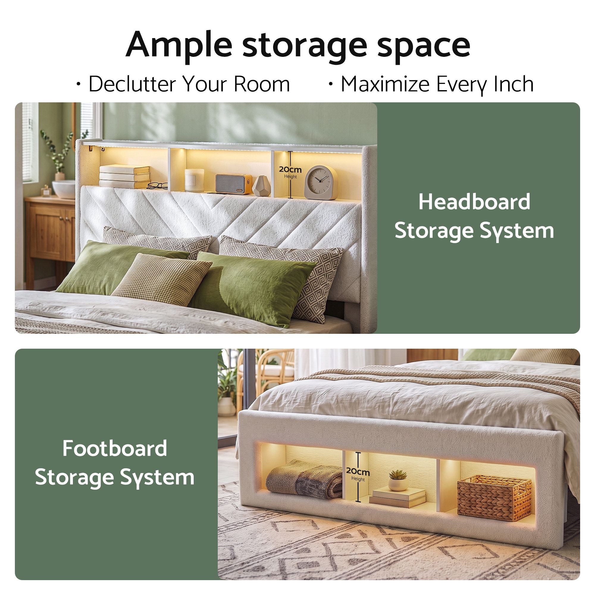 King Bed Frame with Storage, LED Mood Lighting & Charging Station - White