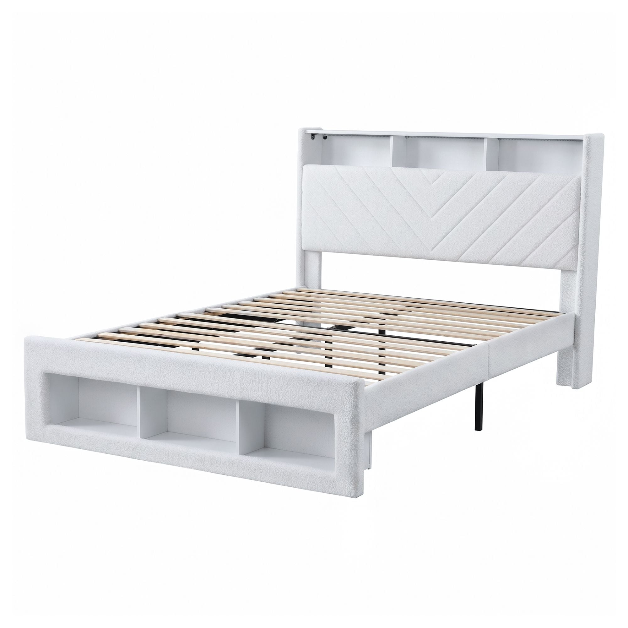 Queen Bed Frame with Storage, Charging Station & LED Lighting - White