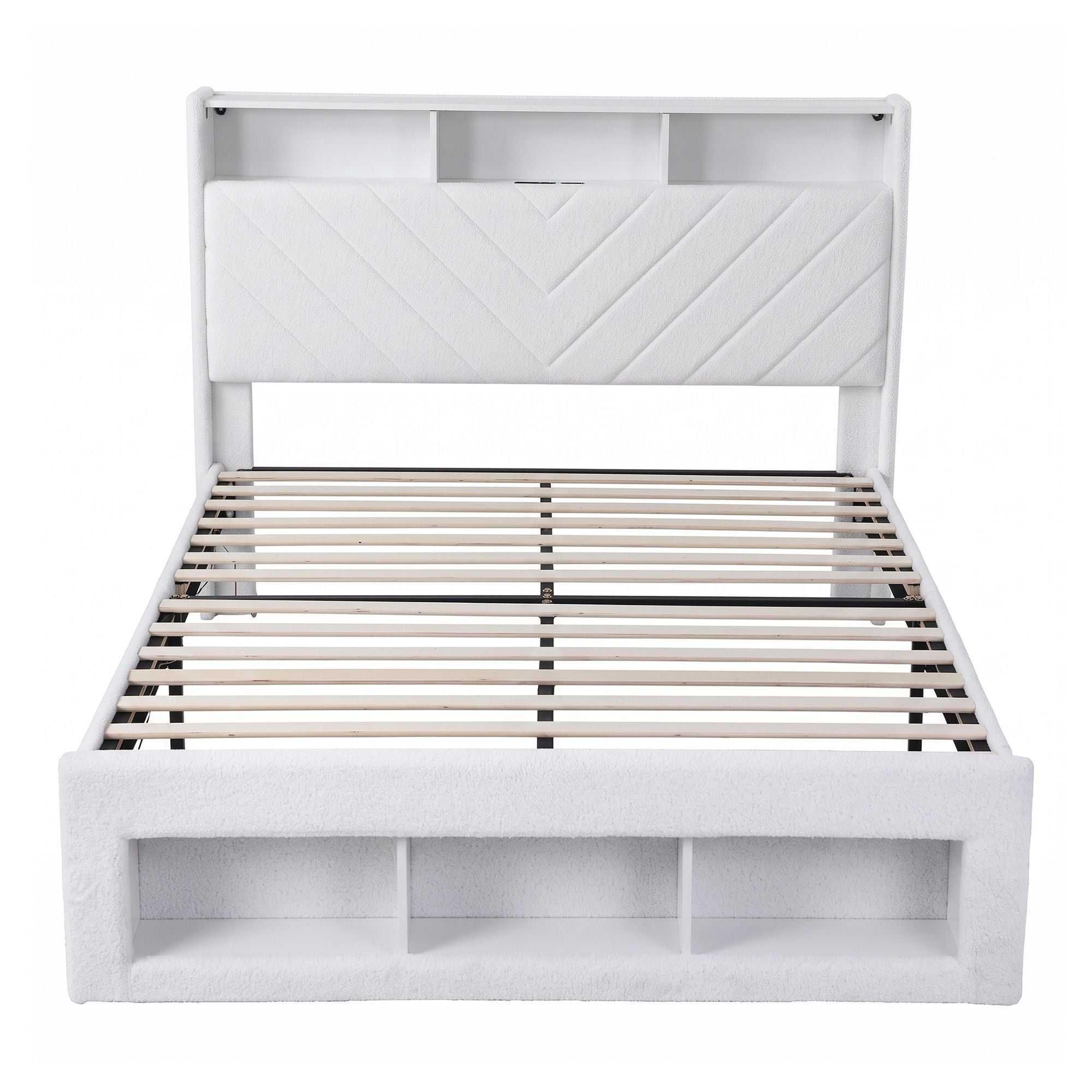 Queen Bed Frame with Storage, Charging Station & LED Lighting - White