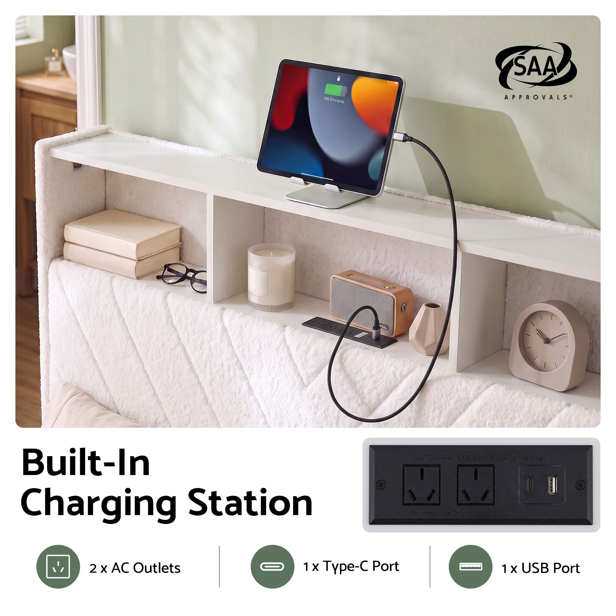 Queen Bed Frame with Storage, Charging Station & LED Lighting - White