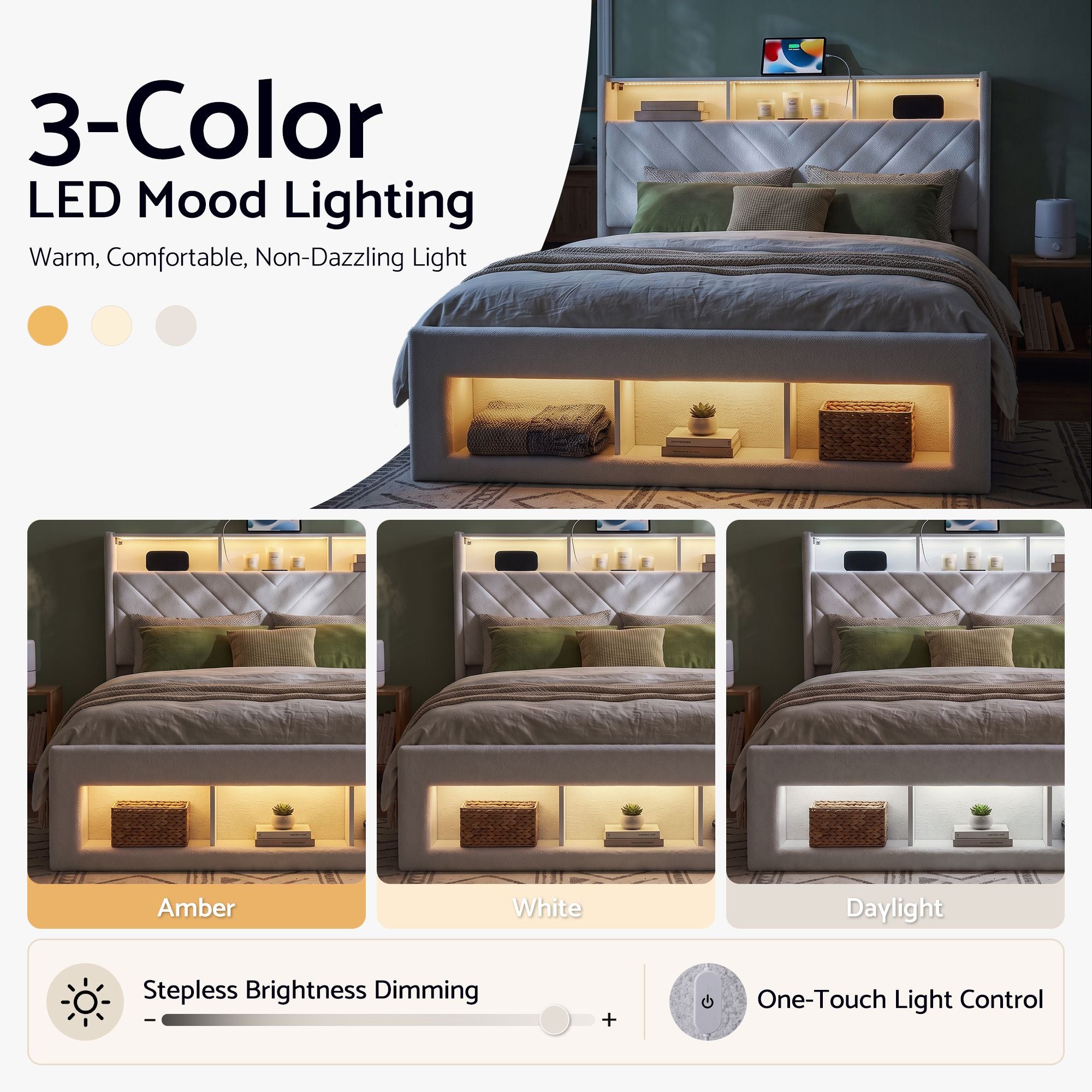 Queen Bed Frame with Storage, Charging Station & LED Lighting - White