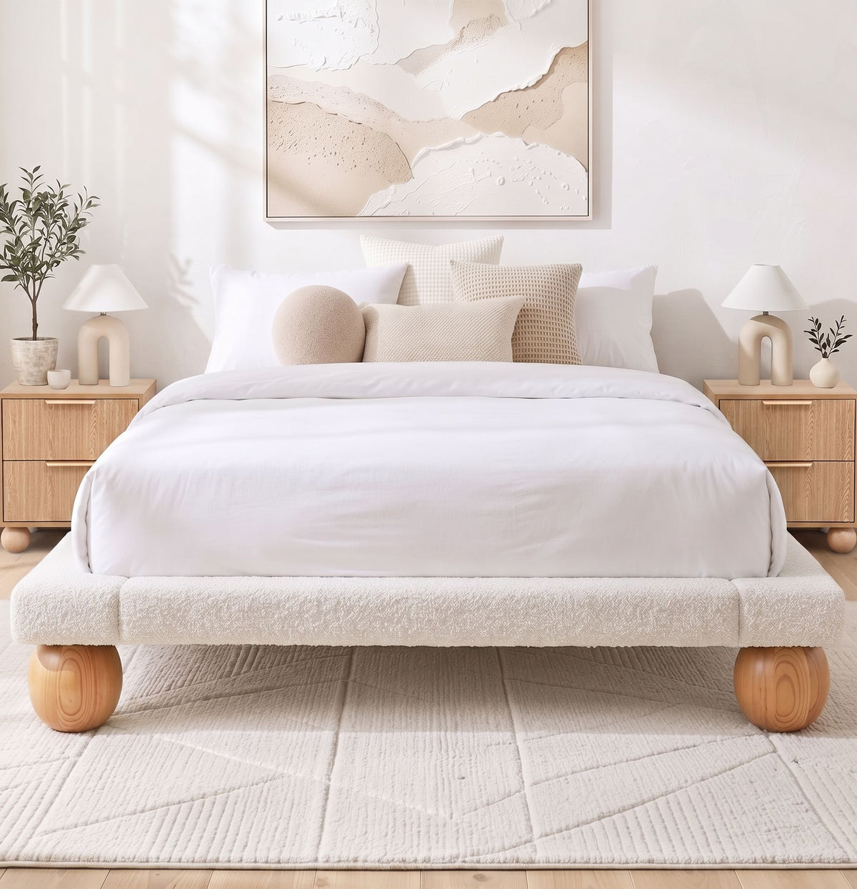 Queen Bouclé Upholstered Platform Bed Frame with 2 Bedside Tables Set