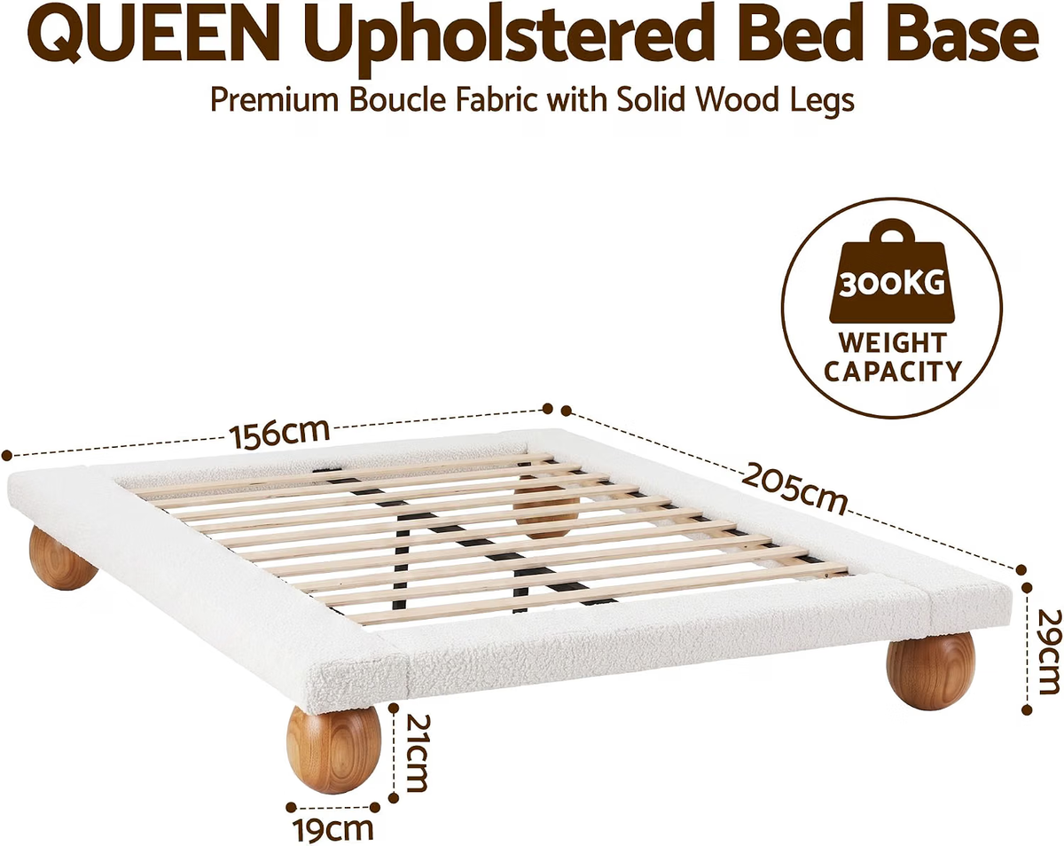 Queen Bouclé Upholstered Platform Bed Frame with 2 Bedside Tables Set