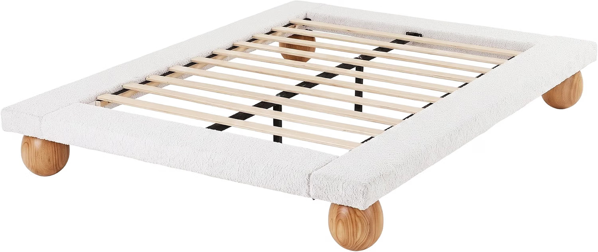 Queen Bouclé Upholstered Platform Bed Frame with 2 Bedside Tables Set