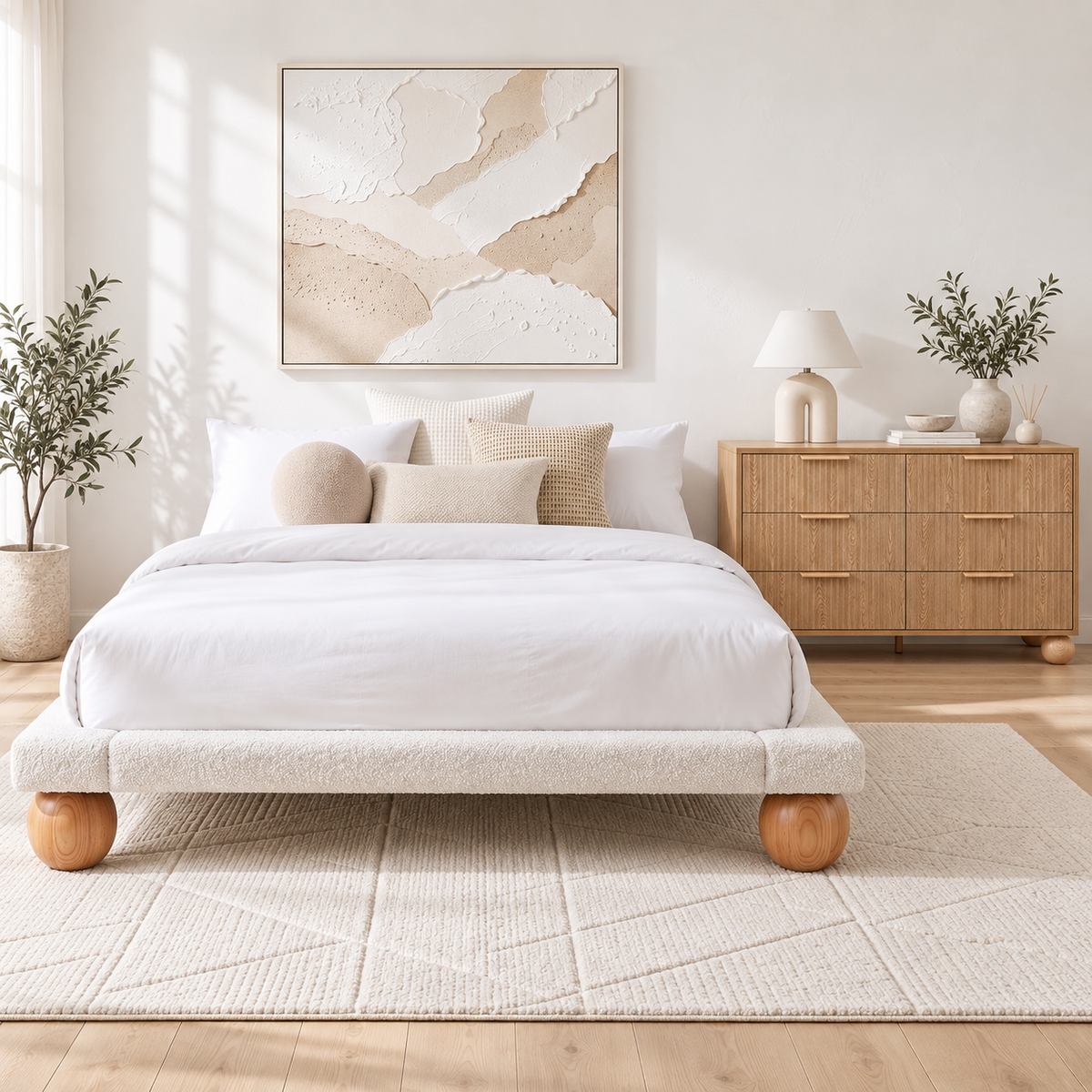Queen Bed Frame and 6 Drawer Chest Bedroom Set - White/Beige