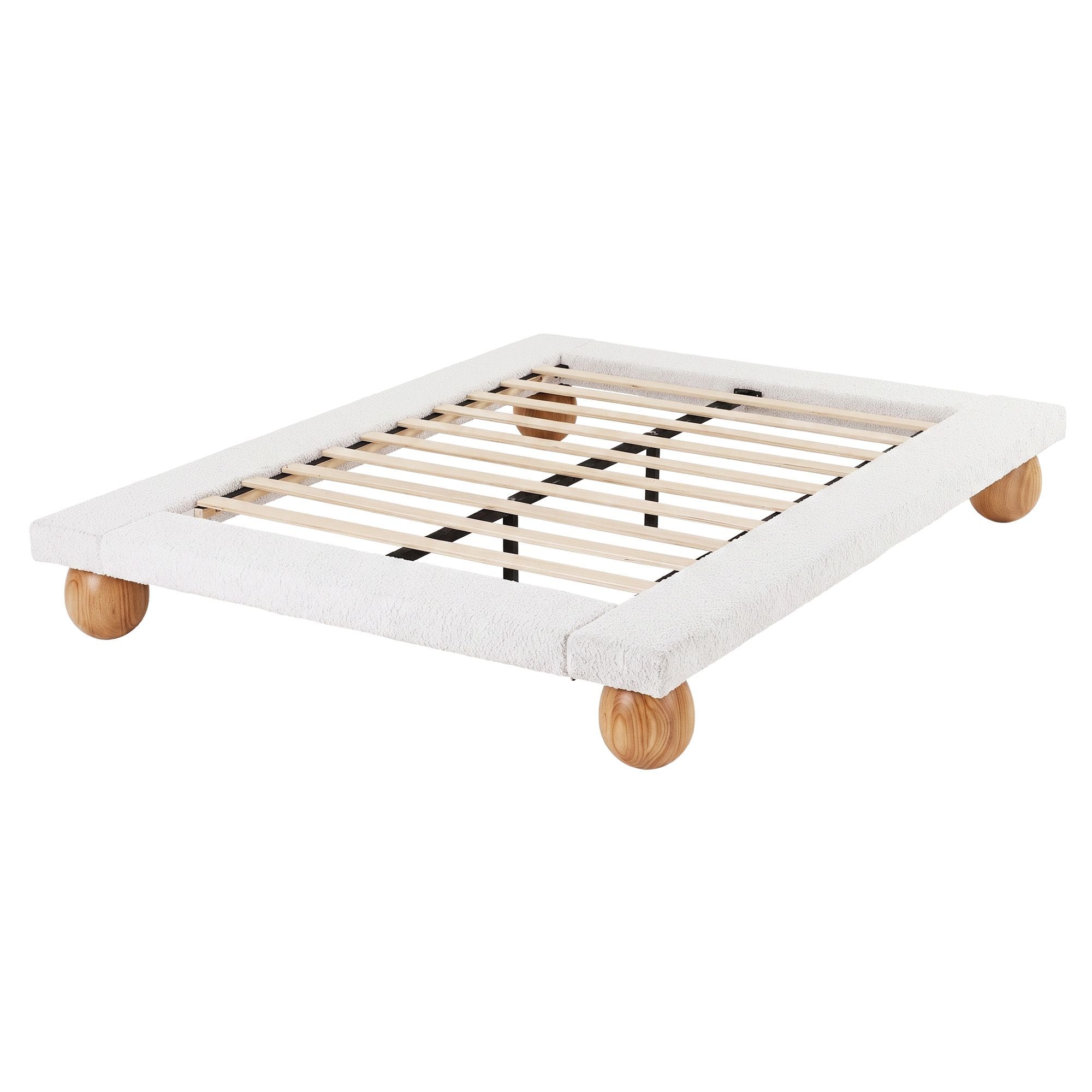 Queen Bed Frame with Boucle Upholstery and Solid Rubber Wood Legs