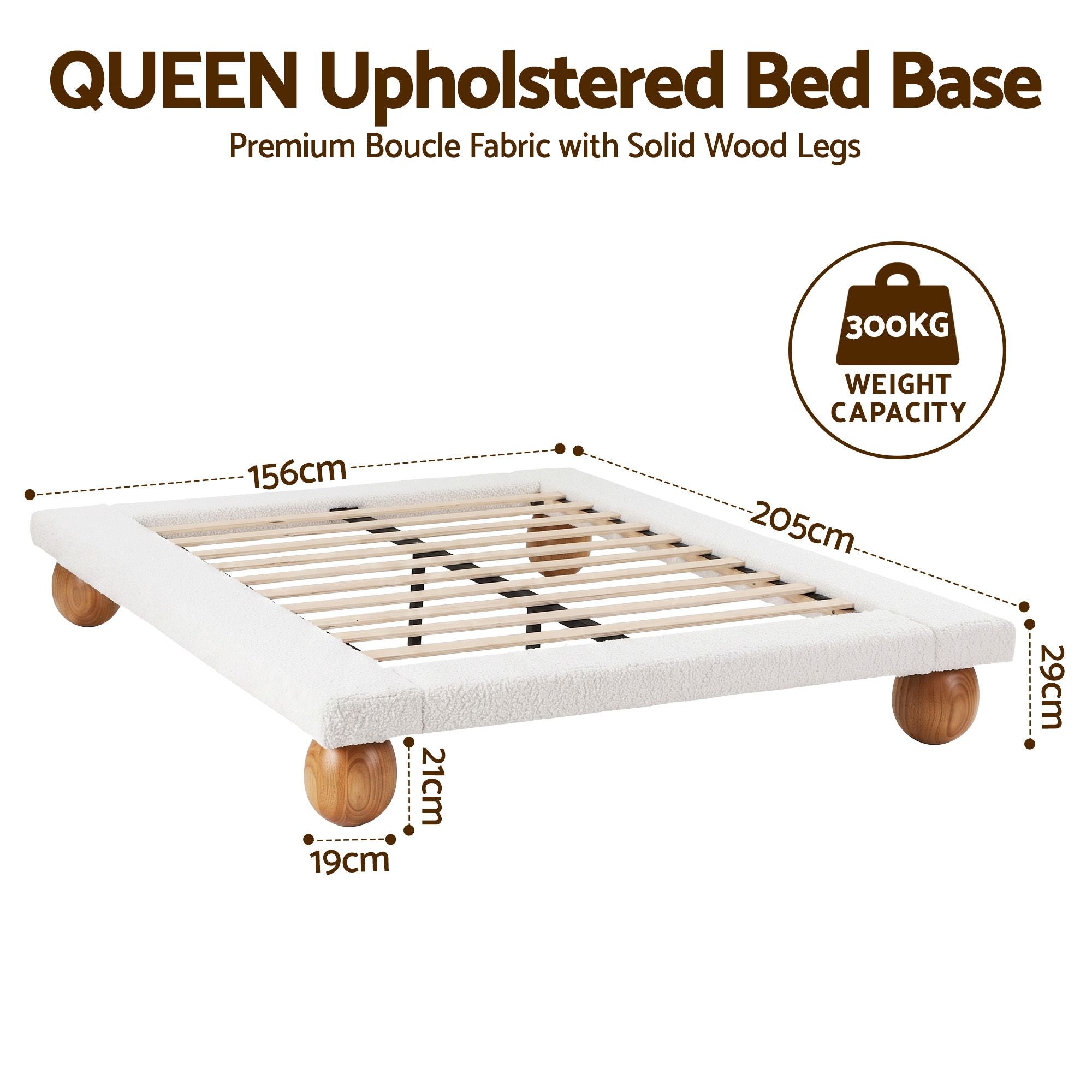 Queen Bed Frame with Boucle Upholstery and Solid Rubber Wood Legs