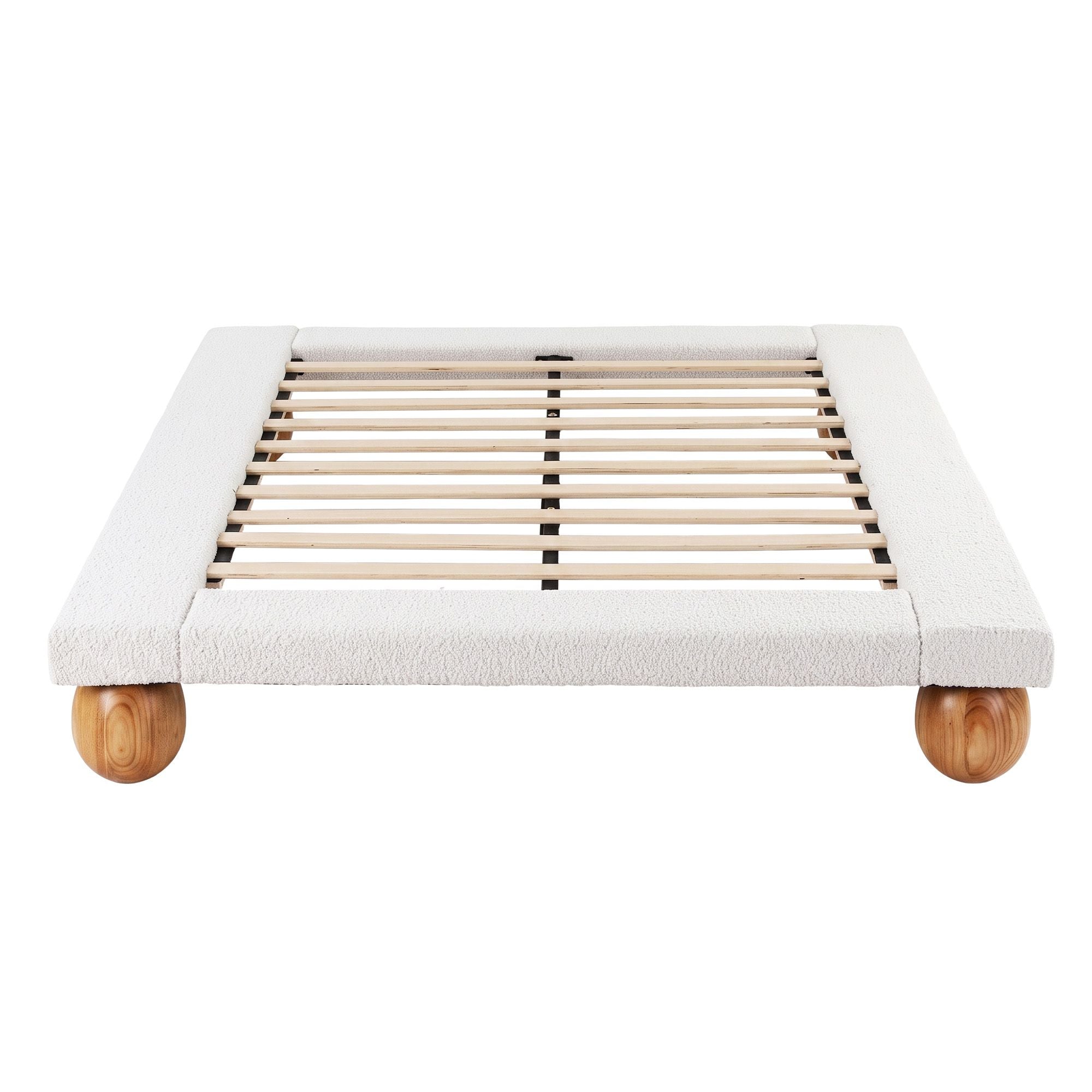 Queen Bed Frame with Boucle Upholstery and Solid Rubber Wood Legs