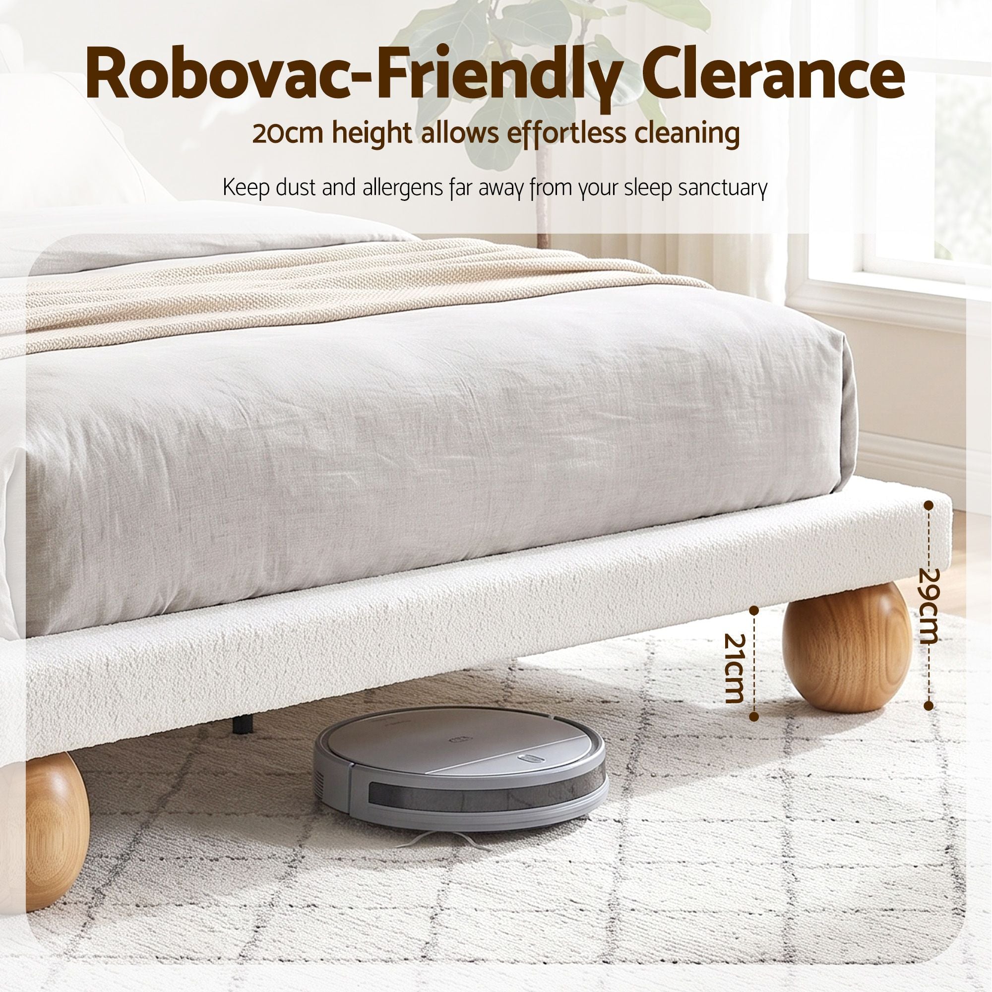 Queen Bed Frame with Boucle Upholstery and Solid Rubber Wood Legs