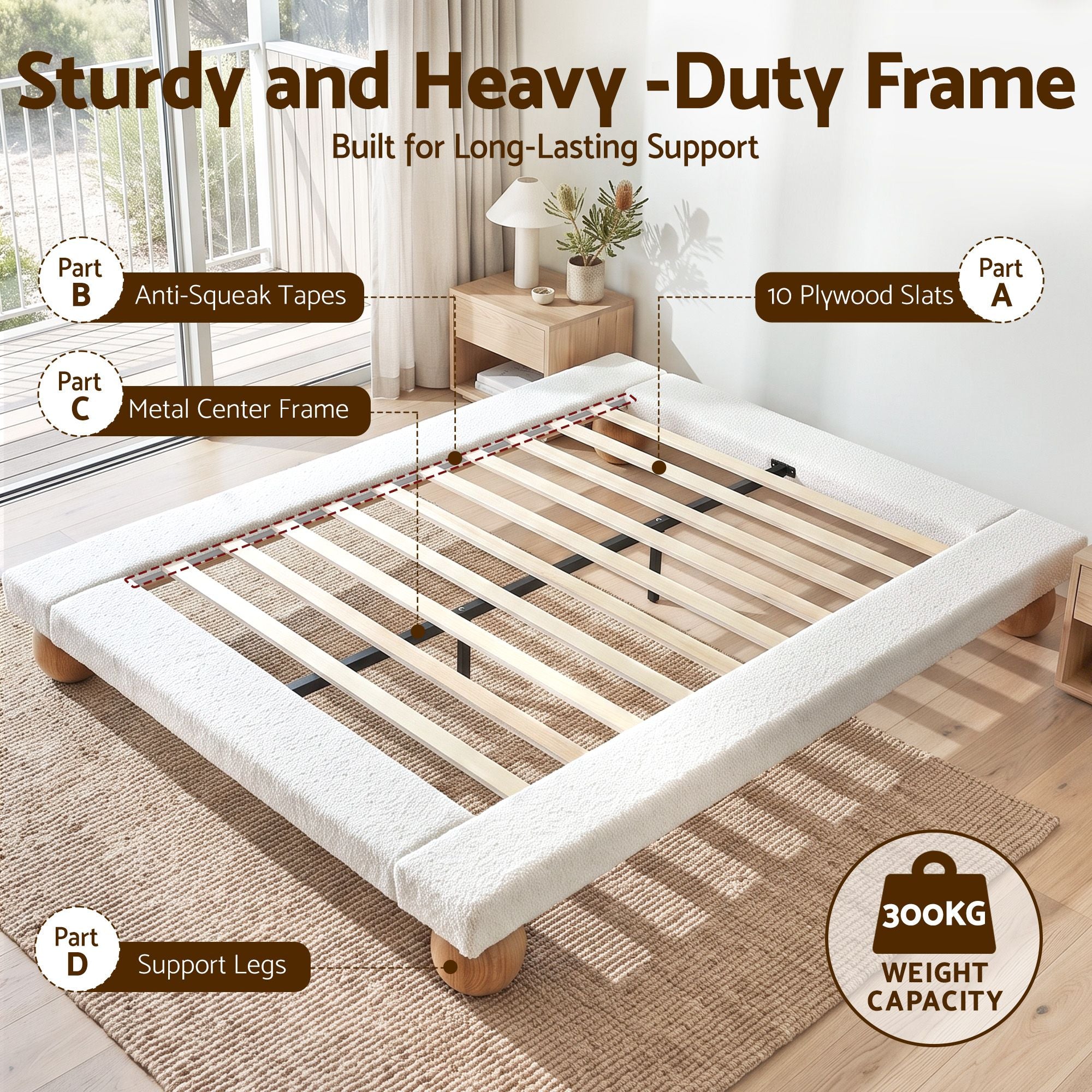 Queen Bed Frame with Boucle Upholstery and Solid Rubber Wood Legs