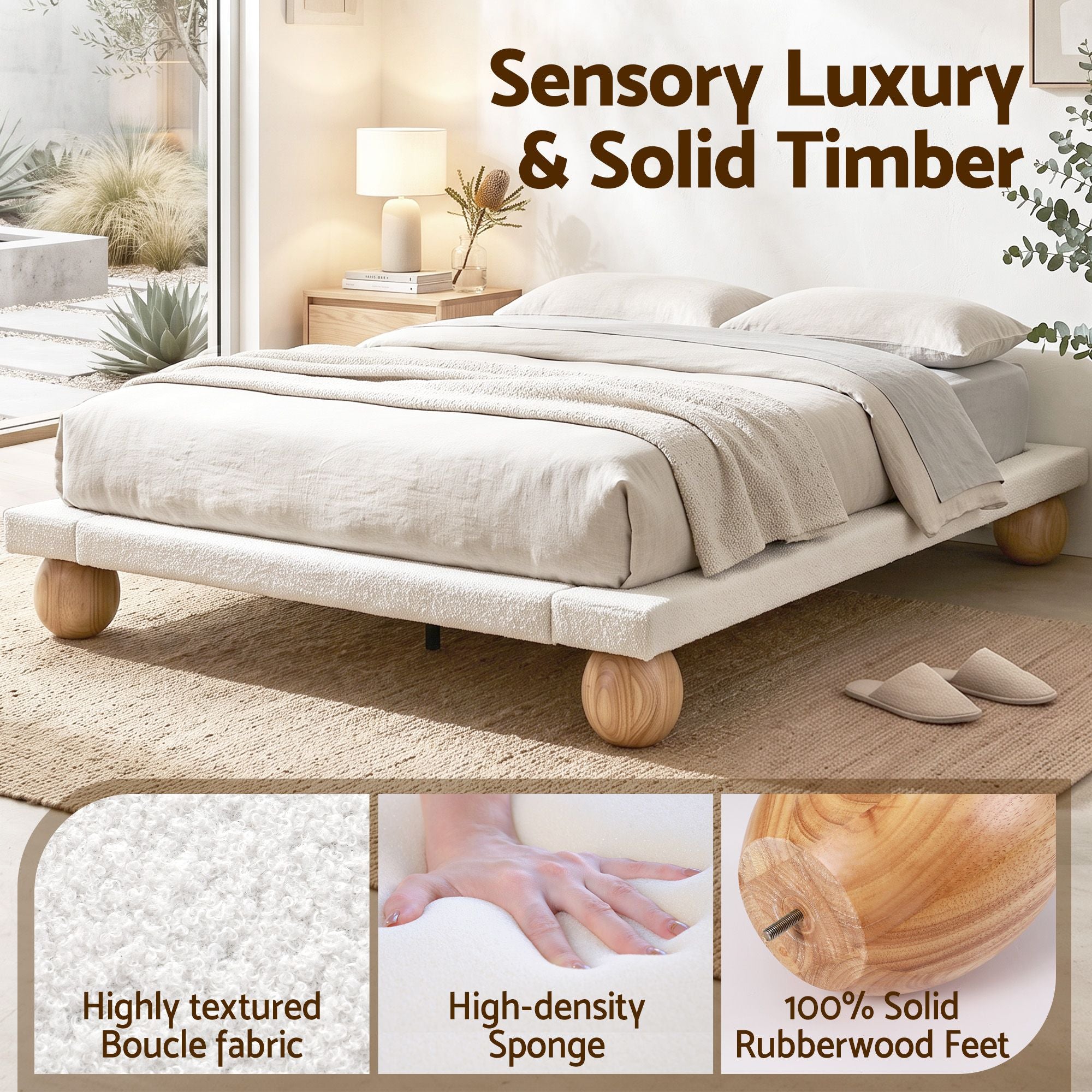 Queen Bed Frame with Boucle Upholstery and Solid Rubber Wood Legs