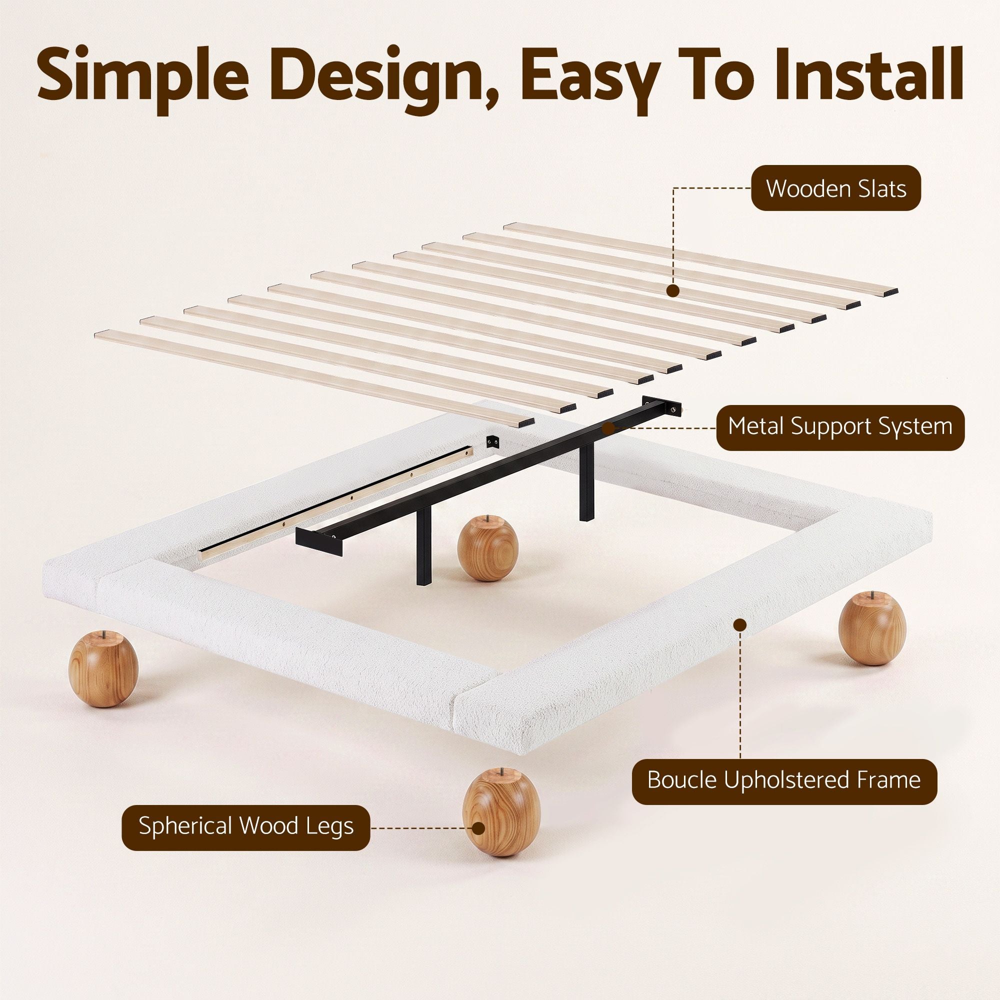 Queen Bed Frame with Boucle Upholstery and Solid Rubber Wood Legs