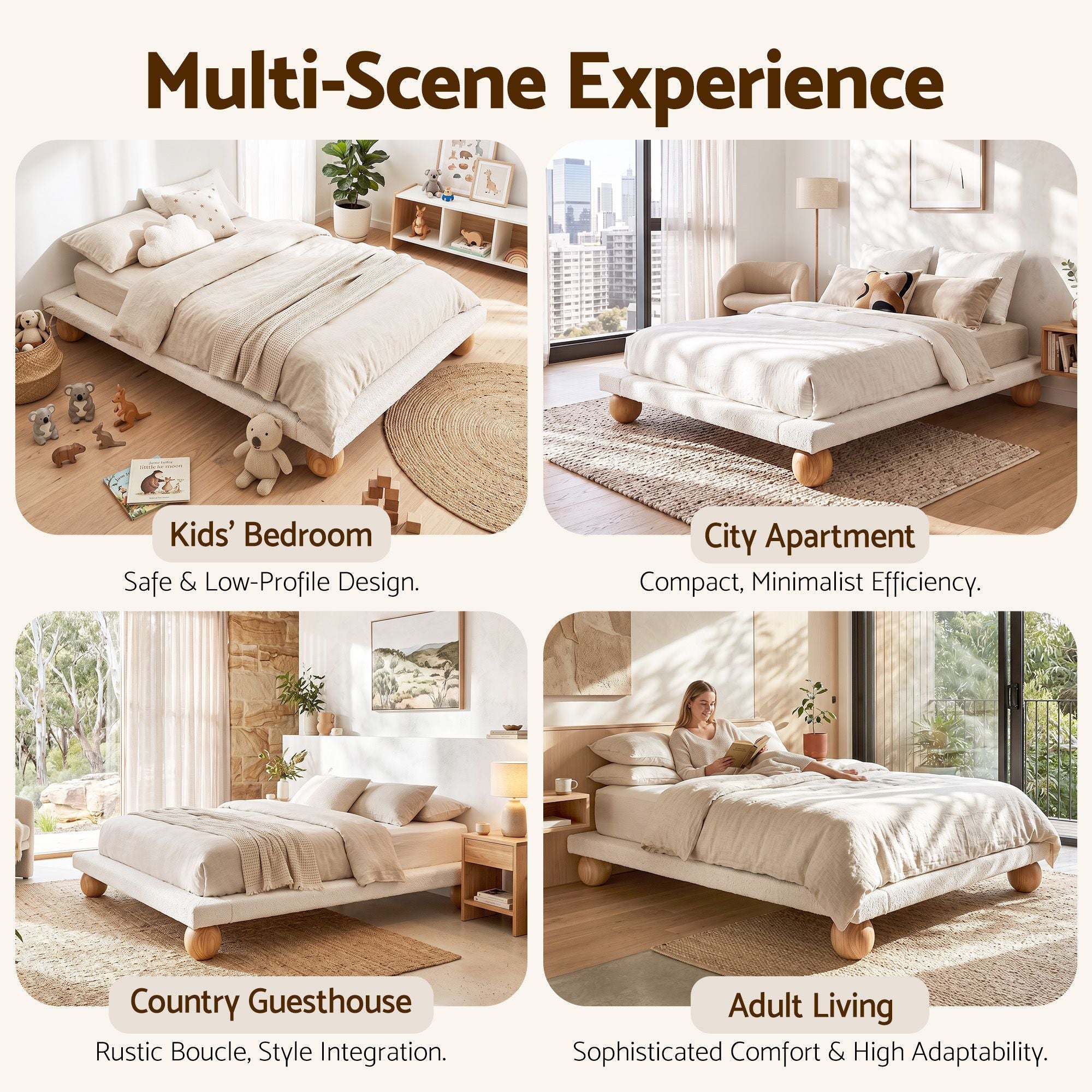 Queen Bed Frame with Boucle Upholstery and Solid Rubber Wood Legs