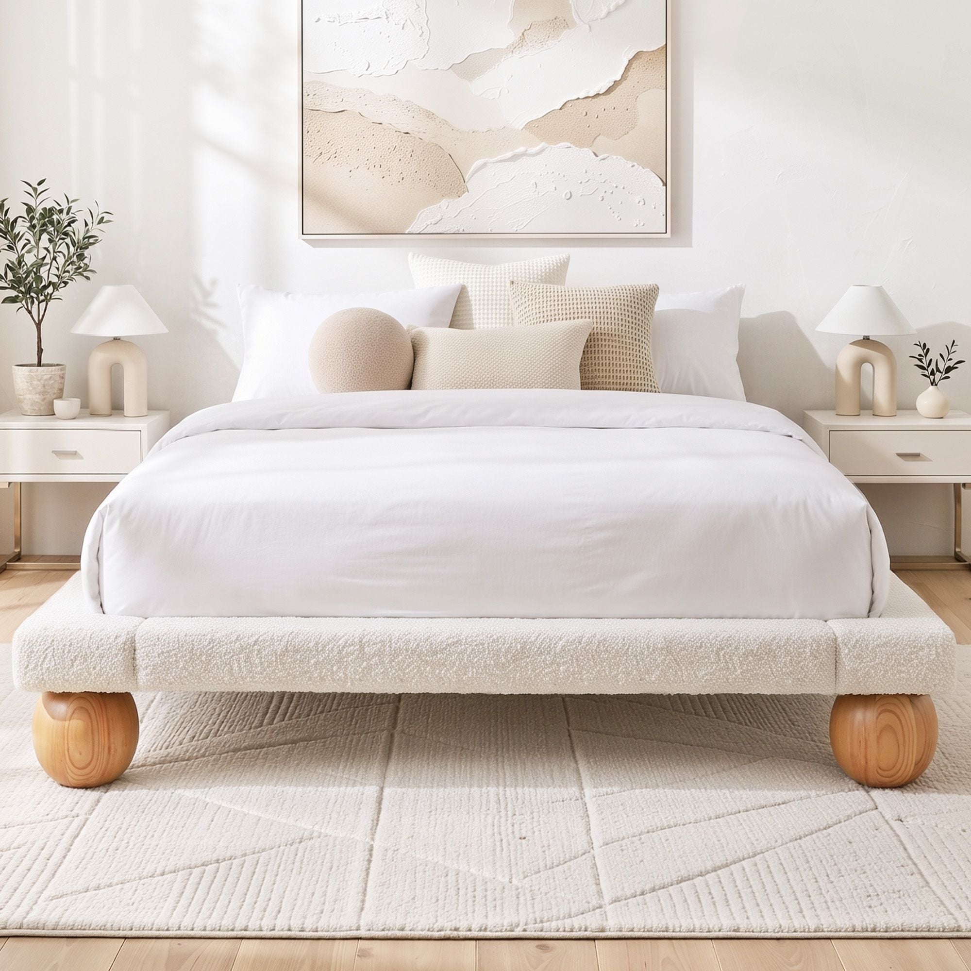 Queen Bed Frame with Boucle Upholstery and Solid Rubber Wood Legs