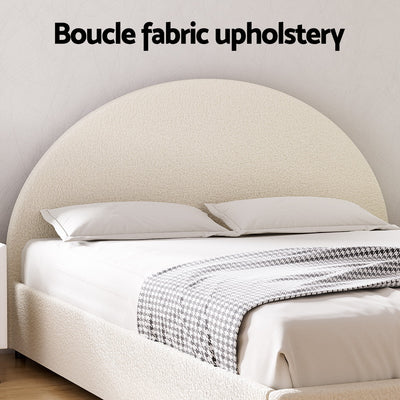 Ella Gas Lift Double Bed Frame - Beige Bouclé Upholstery with curved headboard and soft textured fabric in a bedroom setting