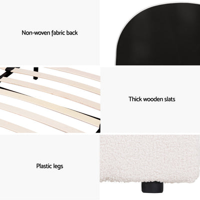 Ella Gas Lift Double Bed Frame - Beige Bouclé Upholstery with thick wooden slats, plastic legs, and non-woven fabric back detailing