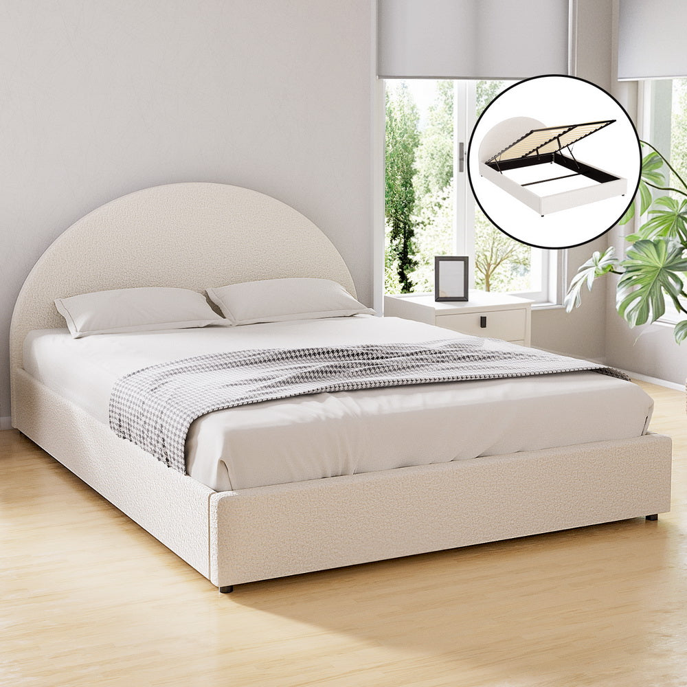 Ella Gas Lift Double Bed Frame - Beige Bouclé Upholstery with curved headboard and hidden storage gas lift in modern bedroom setting