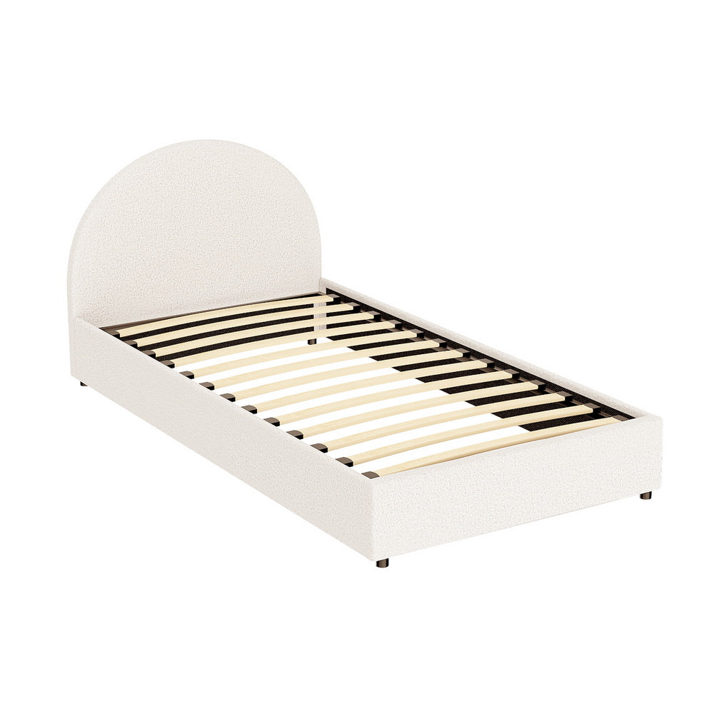Ella Gas Lift King Single Bed Frame - Beige Bouclé Upholstery with rounded headboard and wooden slats for bedroom furniture