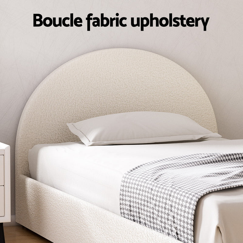 Ella Gas Lift King Single Bed Frame - Beige Bouclé Upholstery with rounded headboard and soft textured fabric in a bedroom setting.