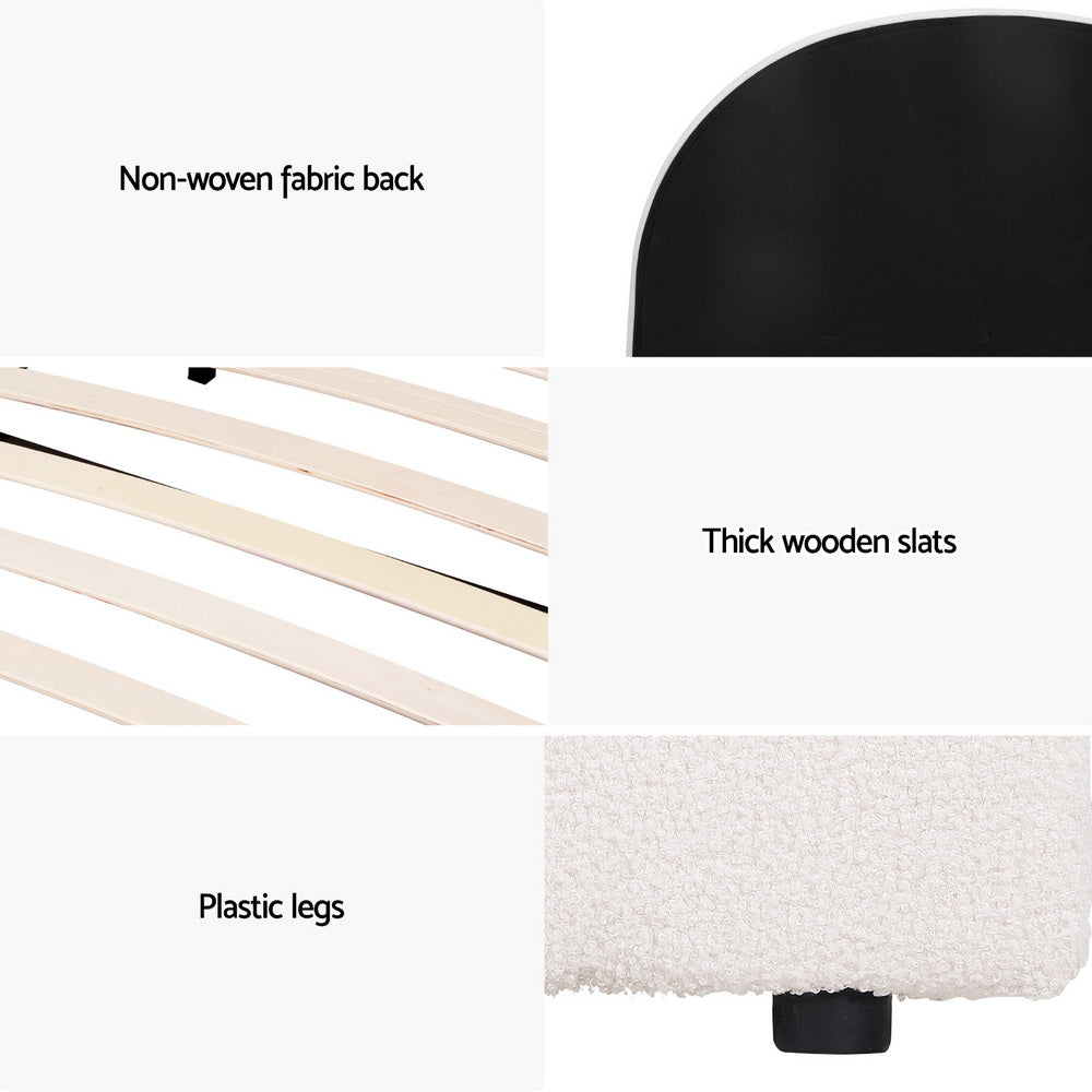 Ella Gas Lift King Single Bed Frame - Beige Bouclé Upholstery showing fabric back, wooden slats, and plastic legs details