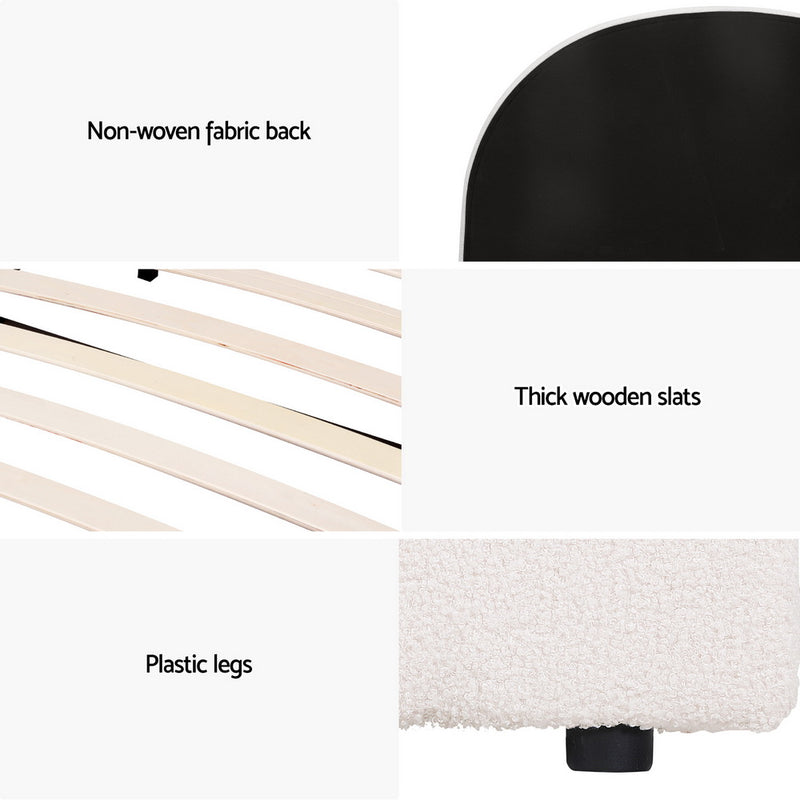 Ella Gas Lift King Single Bed Frame - Beige Bouclé Upholstery showing fabric back, wooden slats, and plastic legs details