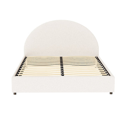 Ella Gas Lift Queen Bed Frame - Beige Bouclé Upholstery with curved headboard and wooden slats for mattress support