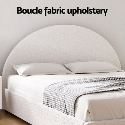 Ella Gas Lift Queen Bed Frame - Beige Bouclé Upholstery with rounded headboard and textured fabric for bedroom furniture.