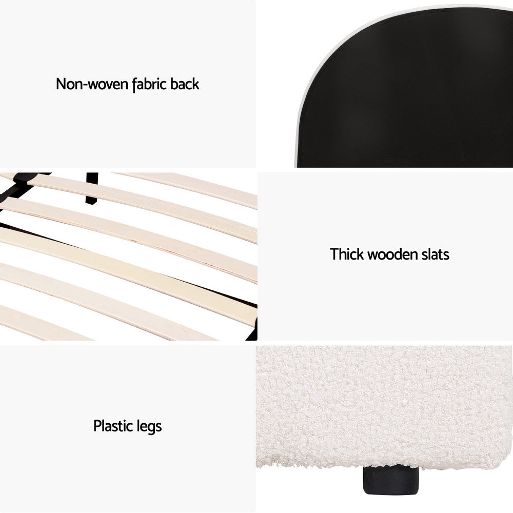 Ella Gas Lift Queen Bed Frame - Beige Bouclé Upholstery showing non-woven fabric back, wooden slats, and plastic legs details