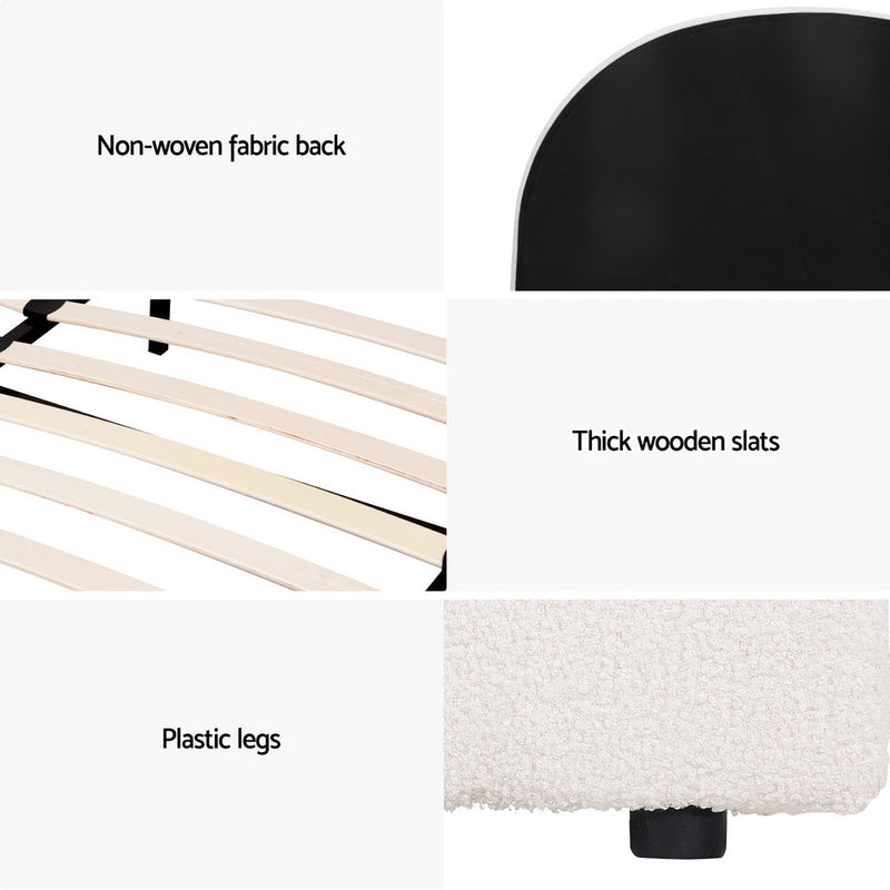 Ella Gas Lift Queen Bed Frame - Beige Bouclé Upholstery showing non-woven fabric back, wooden slats, and plastic legs details