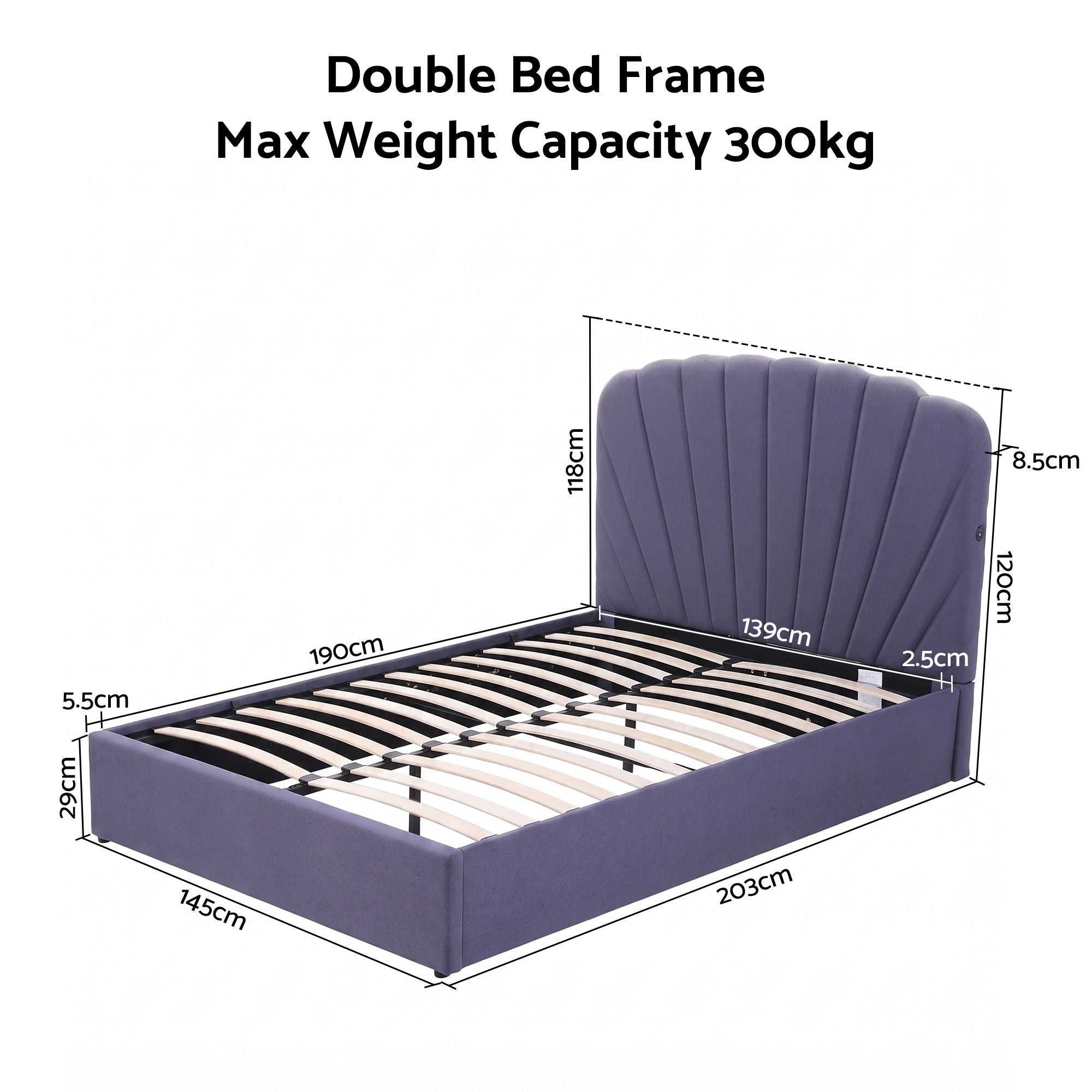 Double Bed Frame with Lift-Up Storage and USB Charging Ports - Grey