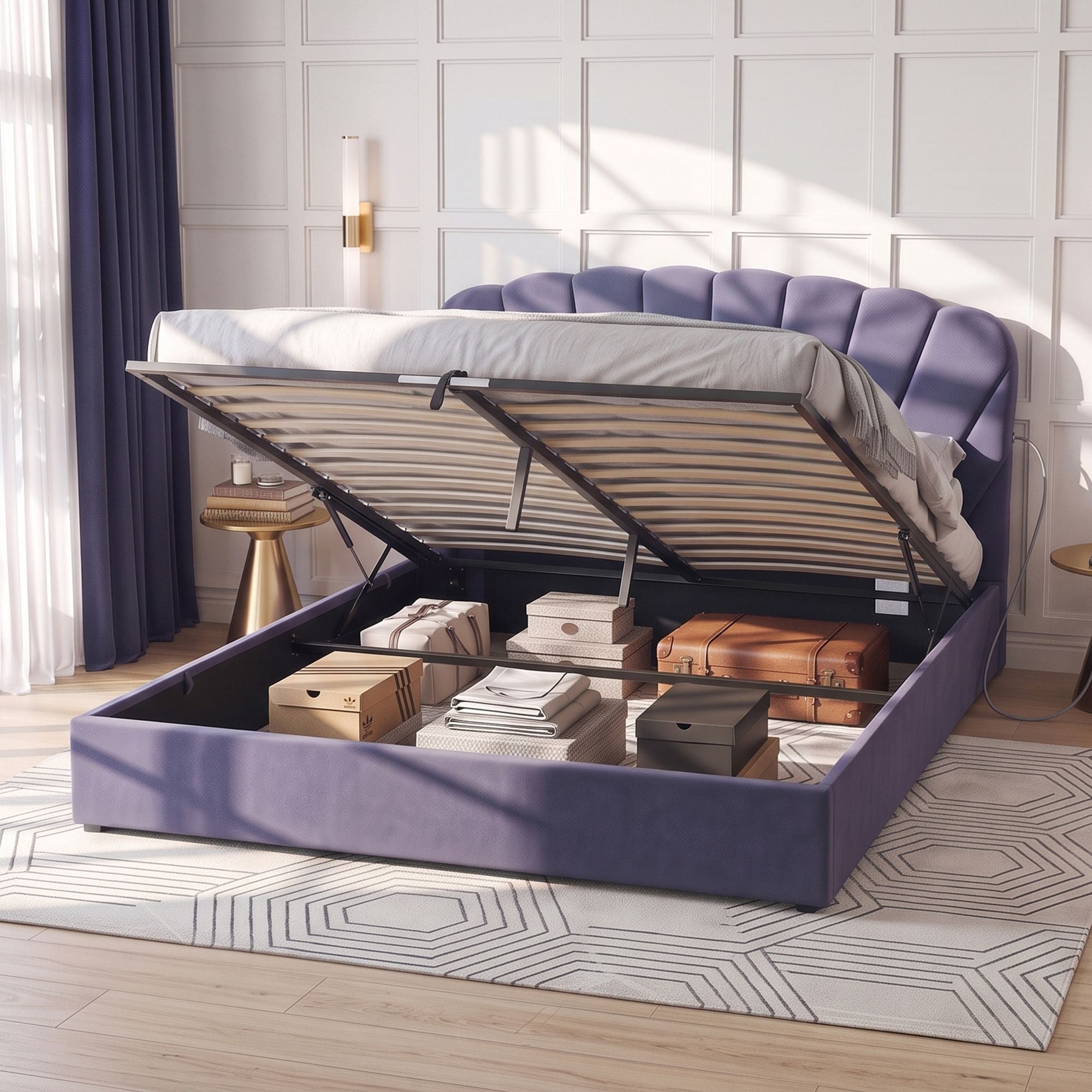 King Bed Frame with Lift-Up Storage and USB Ports - Grey