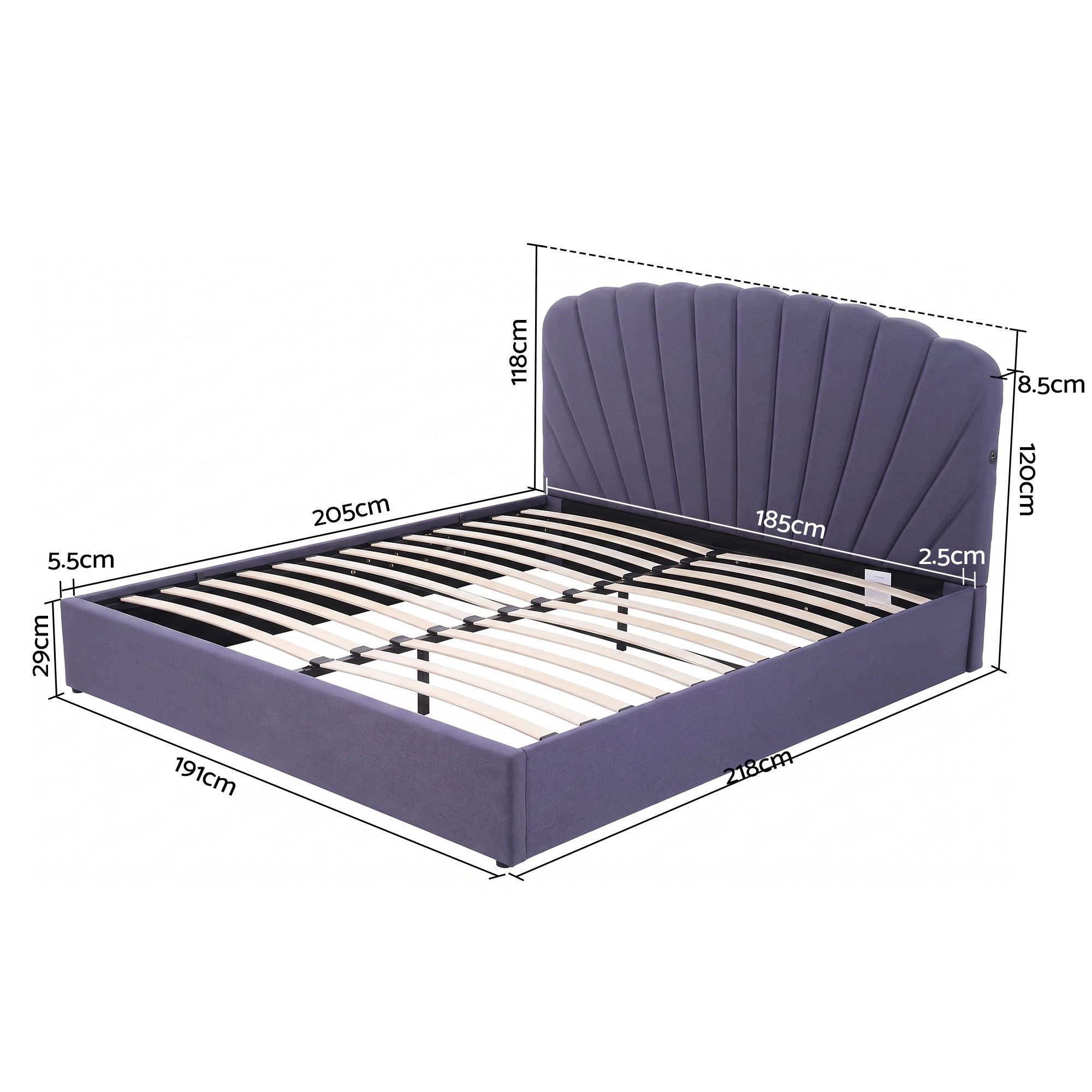 King Bed Frame with Lift-Up Storage and USB Ports - Grey