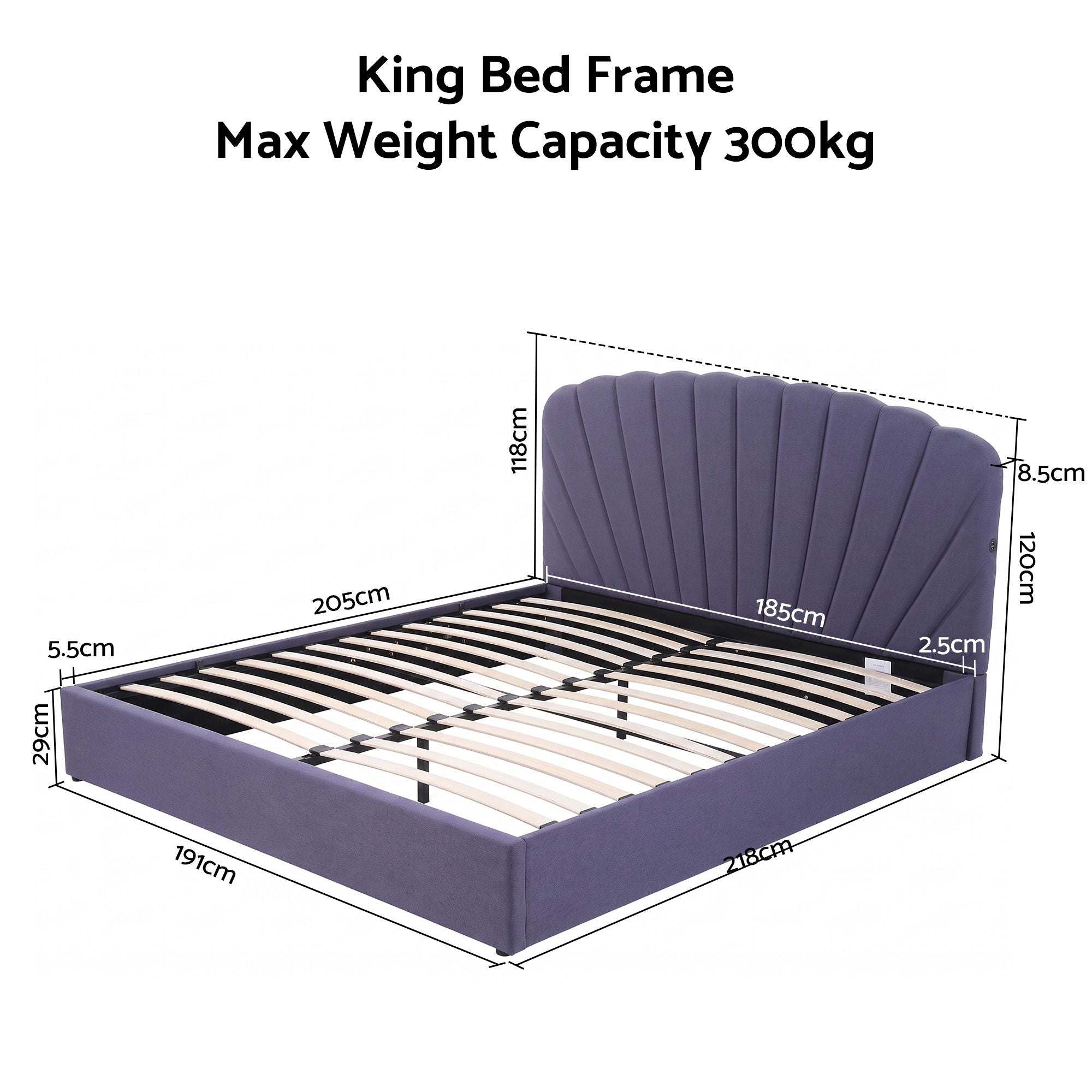 King Bed Frame with Lift-Up Storage and USB Ports - Grey