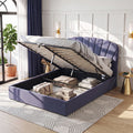Queen Upholstered Bed Frame with Lift-Up Storage and USB Ports - Grey