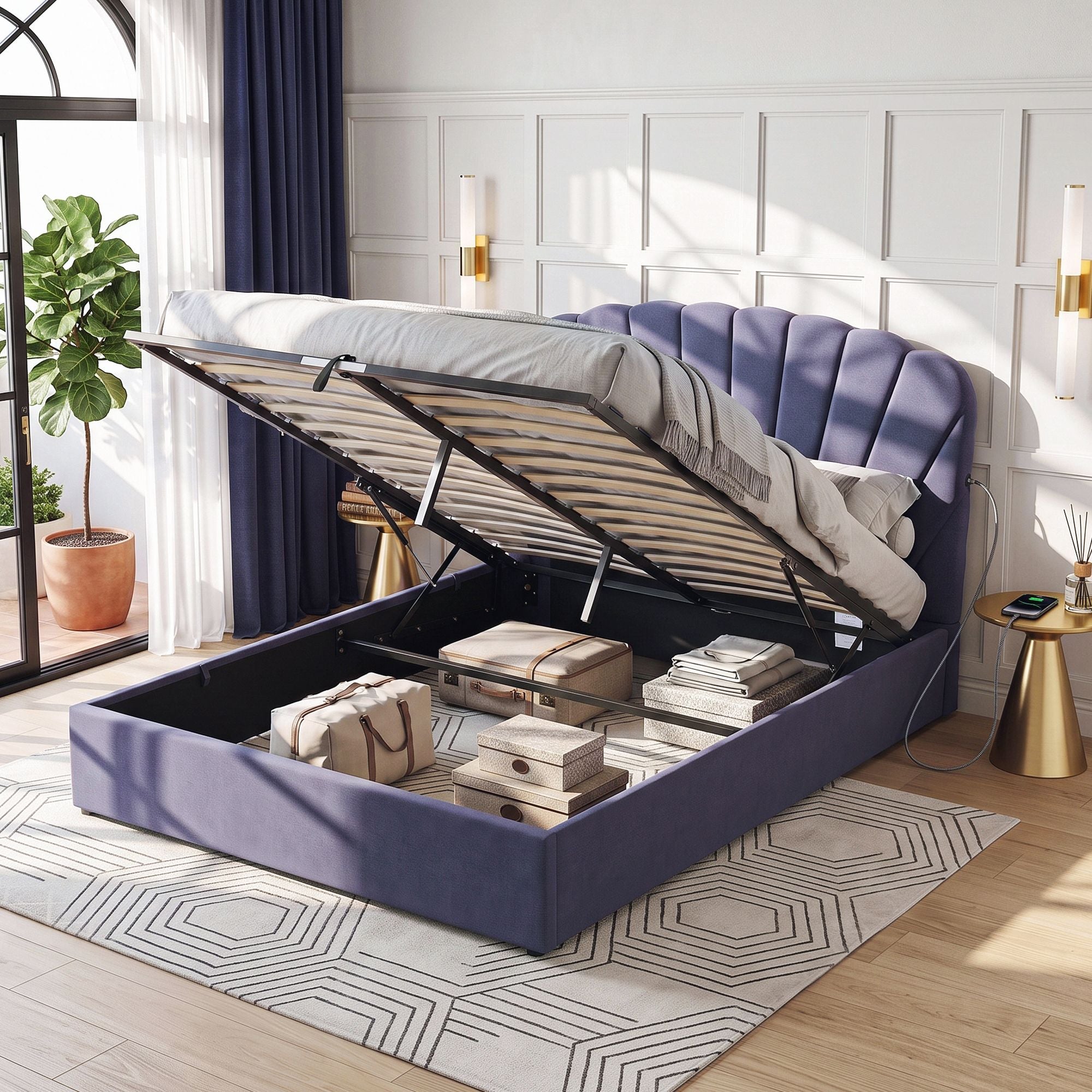 Queen Upholstered Bed Frame with Lift-Up Storage and USB Ports - Grey